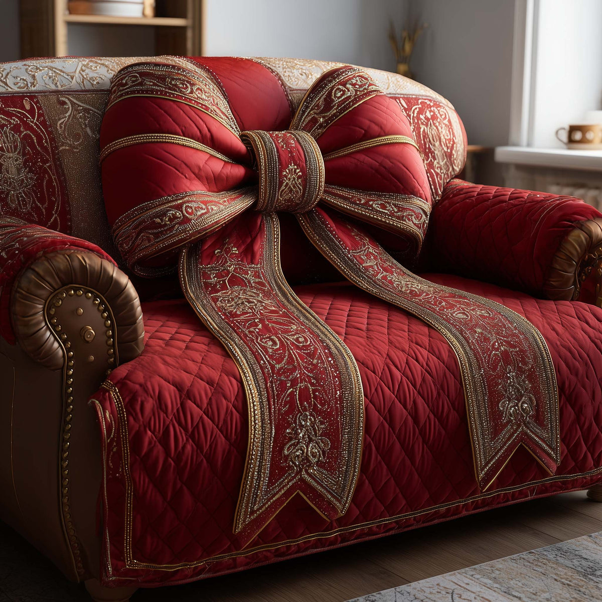 Red Quilt with Golden Ribbon Sash Sofa Cover
