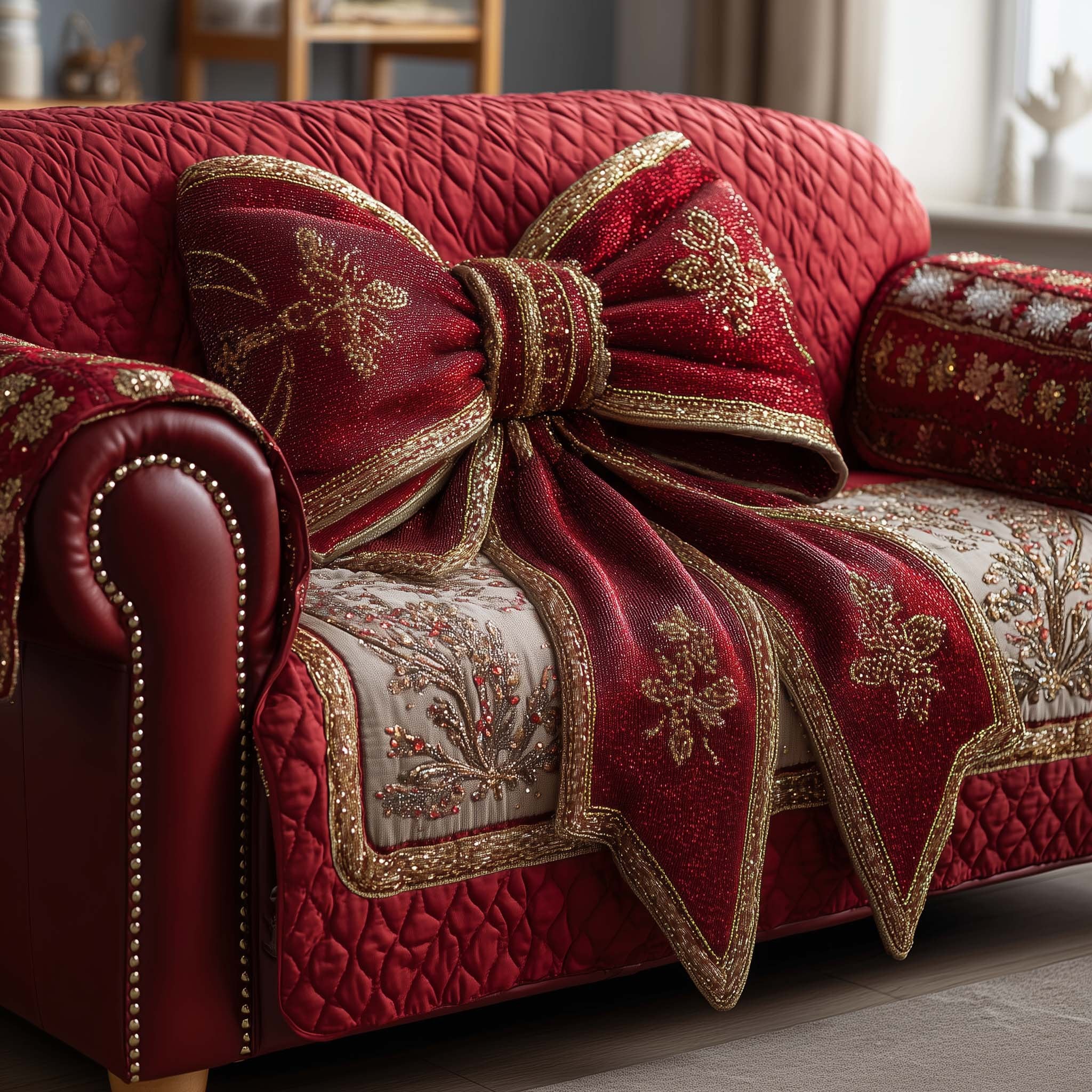 Red Sash with Gold Snowflakes Sofa Cover