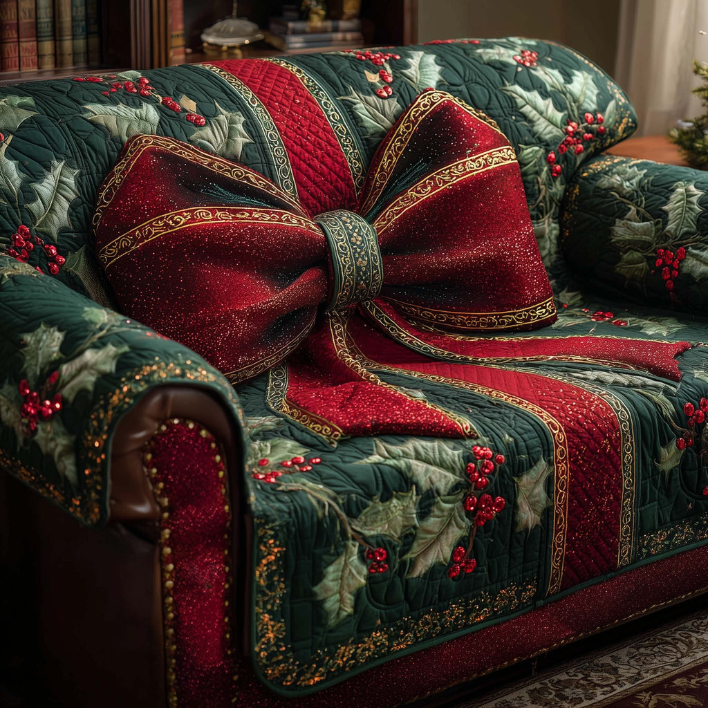 Red Bow on Green Holly Quilt Sofa Cover