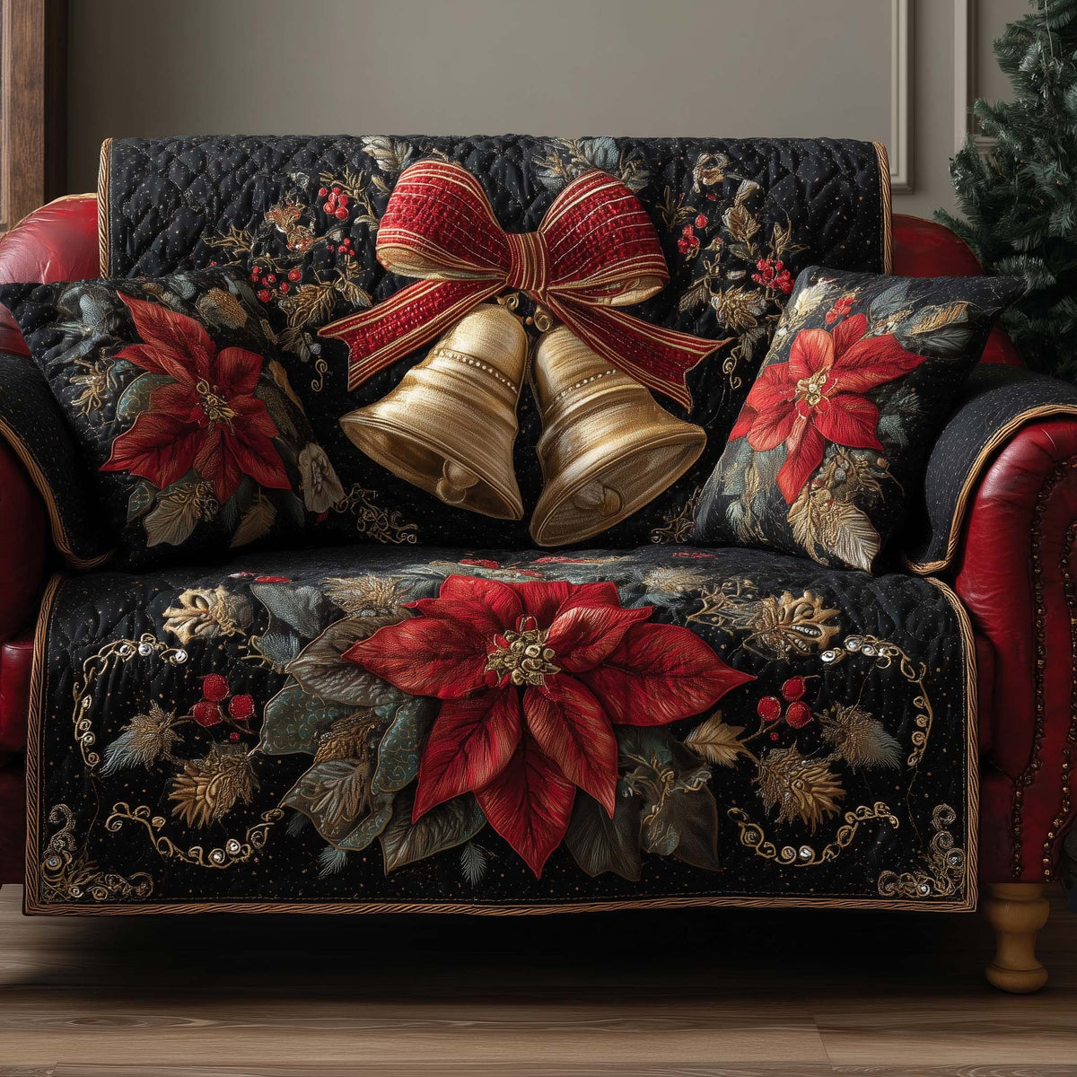 Golden Bells and Red Poinsettias Sofa Cover