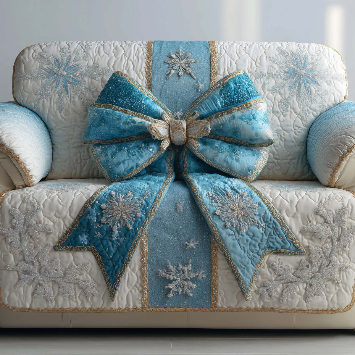 Blue Bow with Silver Snowflakes Sofa Cover