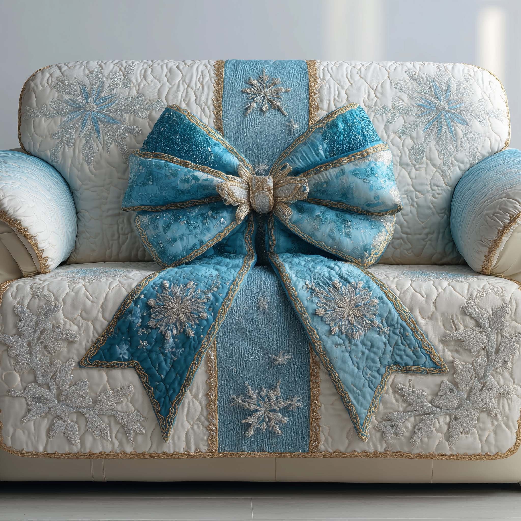 Blue Bow with Silver Snowflakes Sofa Cover
