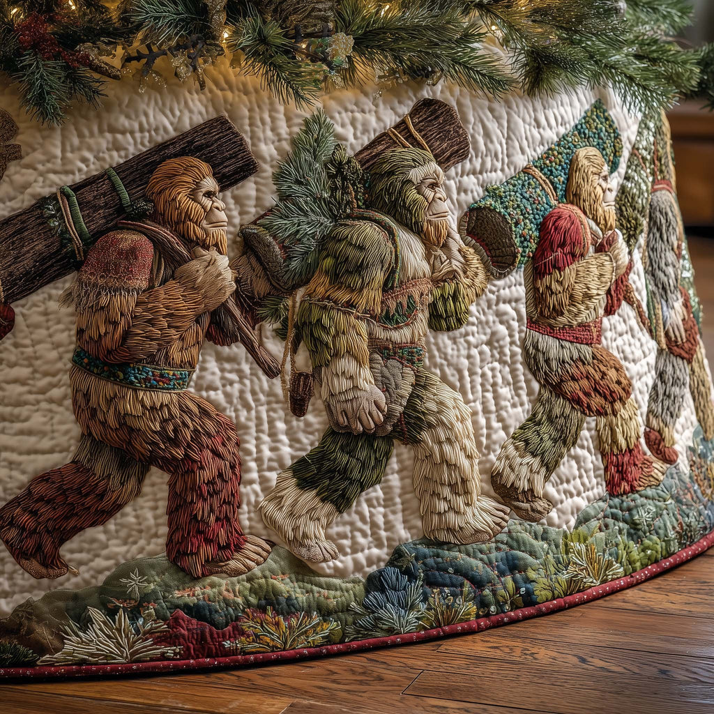 Bigfoot Family Walking in the Woods Christmas Tree Skirt