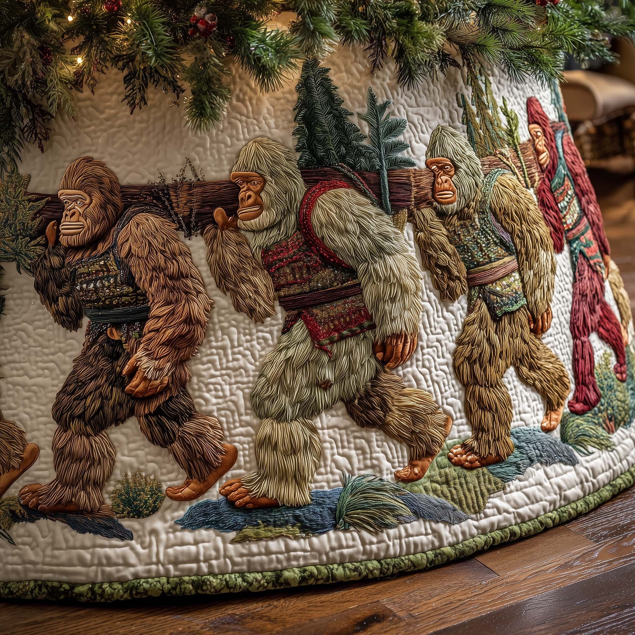 Bigfoot Carrying Logs Christmas Tree Skirt