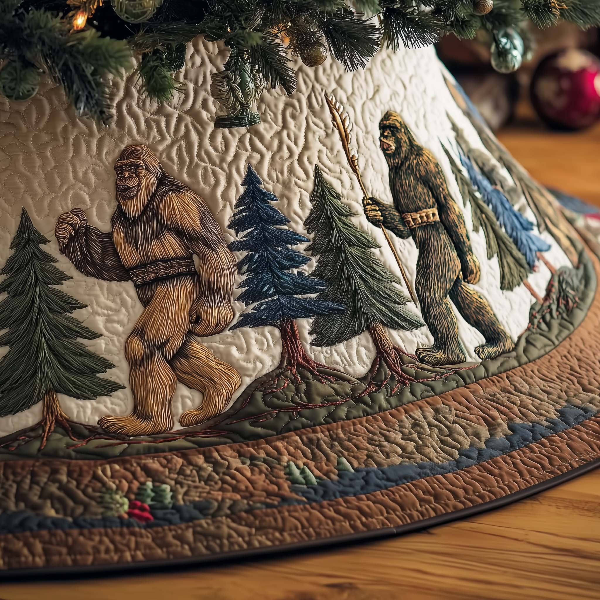Bigfoot Among the Pine Trees Christmas Tree Skirt