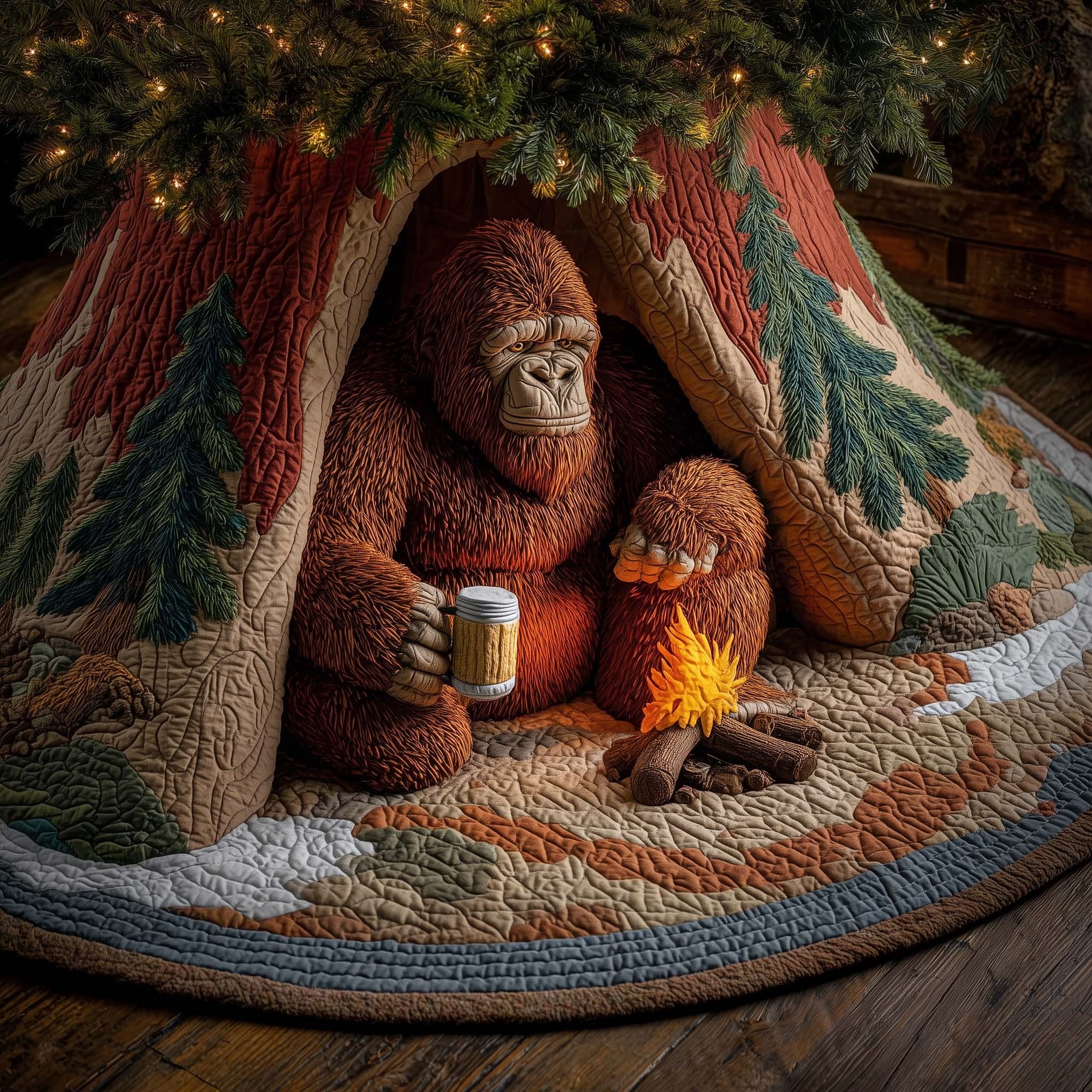 Bigfoot with a Mug by the Campfire Christmas Tree Skirt