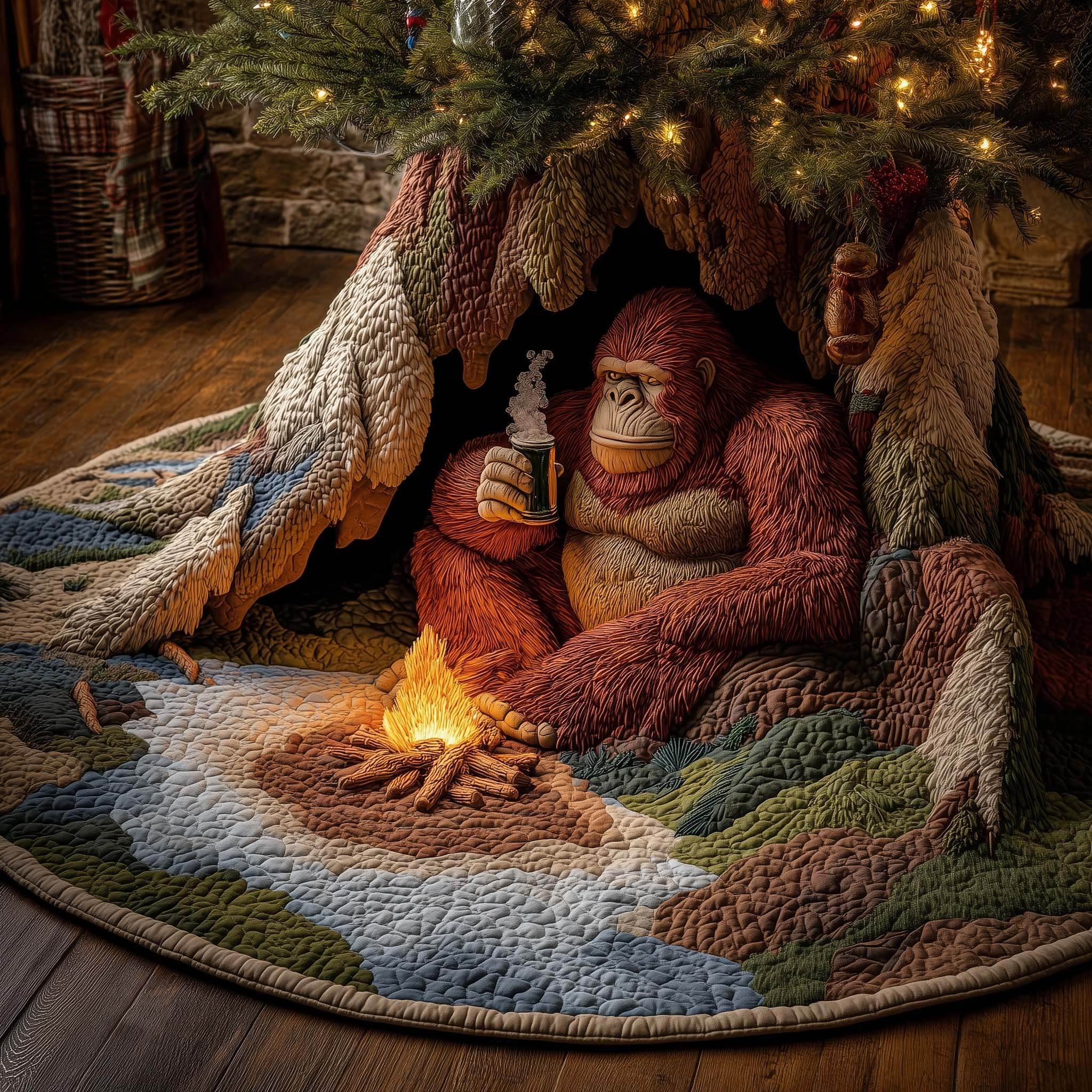 Bigfoot Resting by the Fire Christmas Tree Skirt