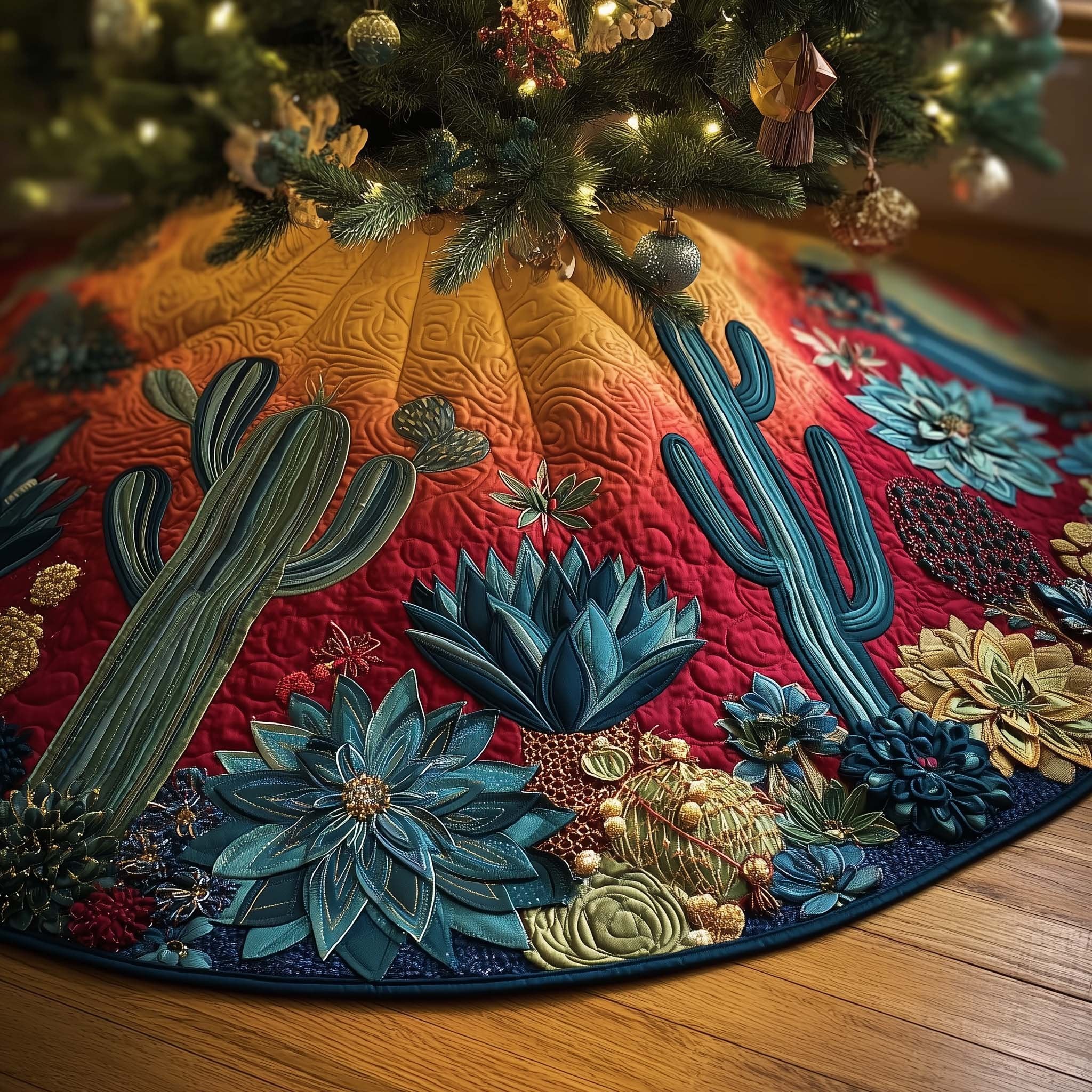 Teal Cacti on Red Desert Bloom Christmas Tree Skirt