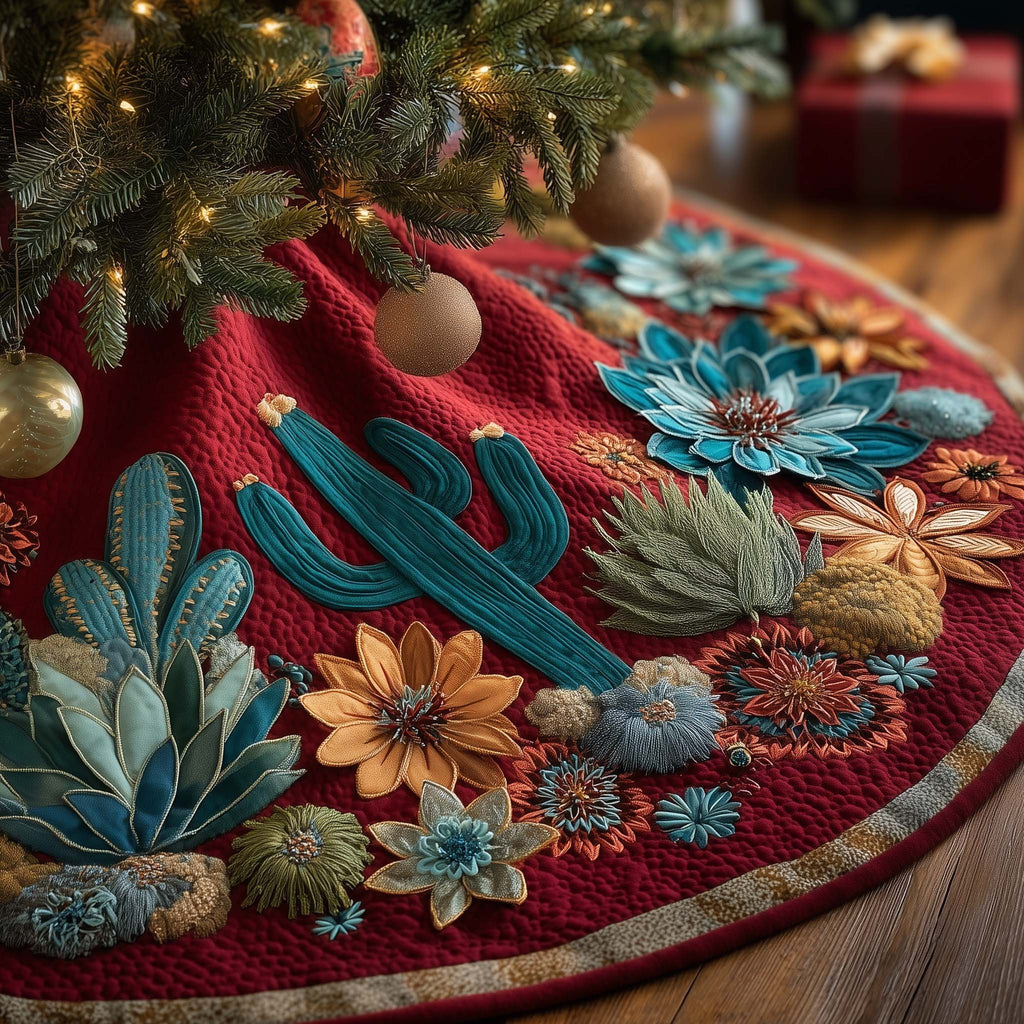 Cactus and Blossoms on Red Christmas Tree Skirt