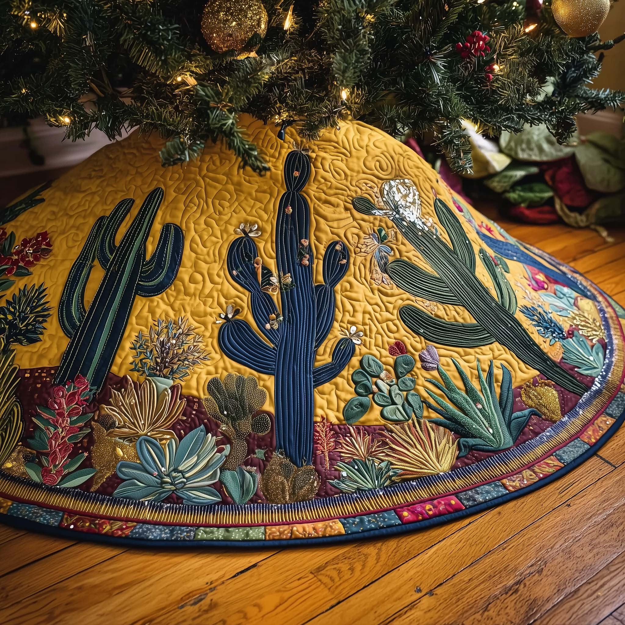 Saguaro Cacti on Yellow and Teal Christmas Tree Skirt