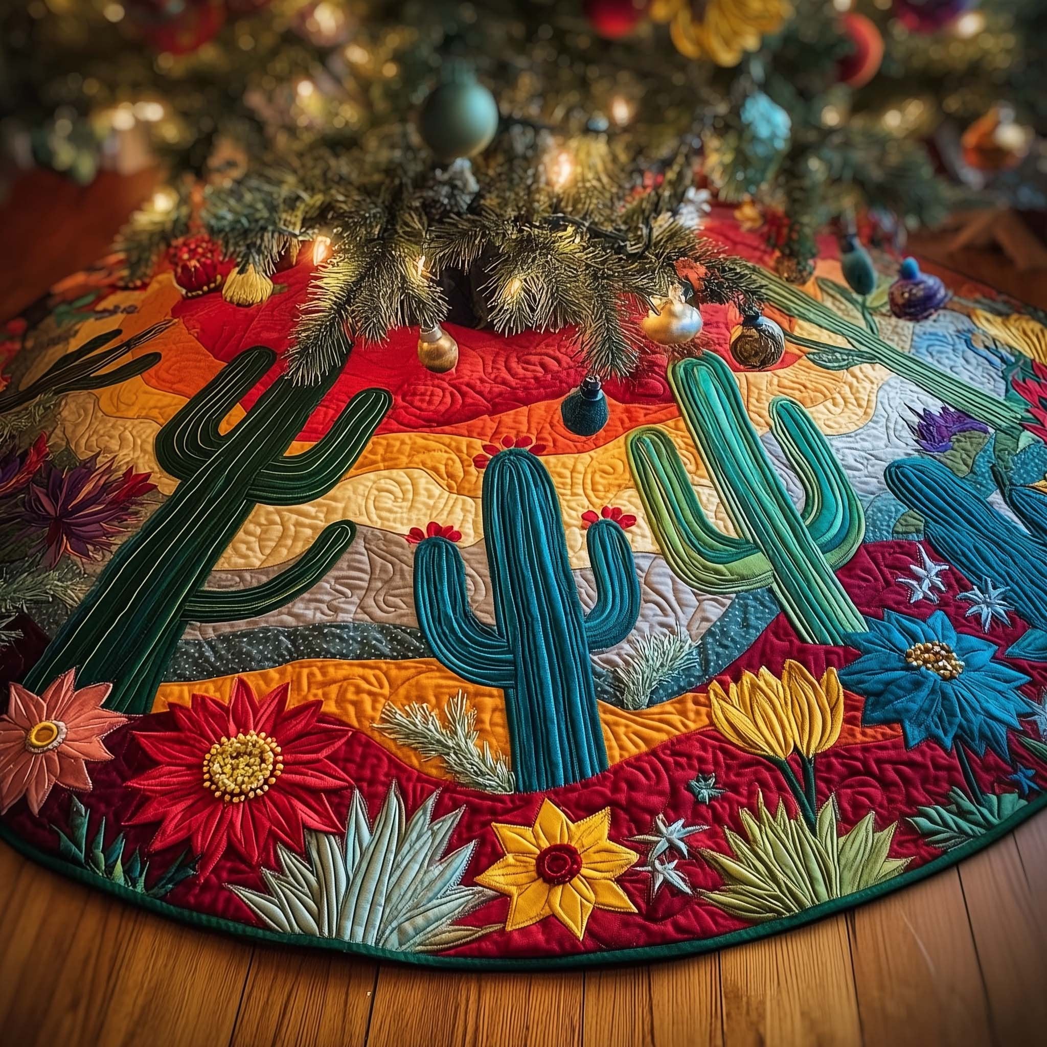 Desert Cacti at Colorful Sunset Christmas Tree Skirt