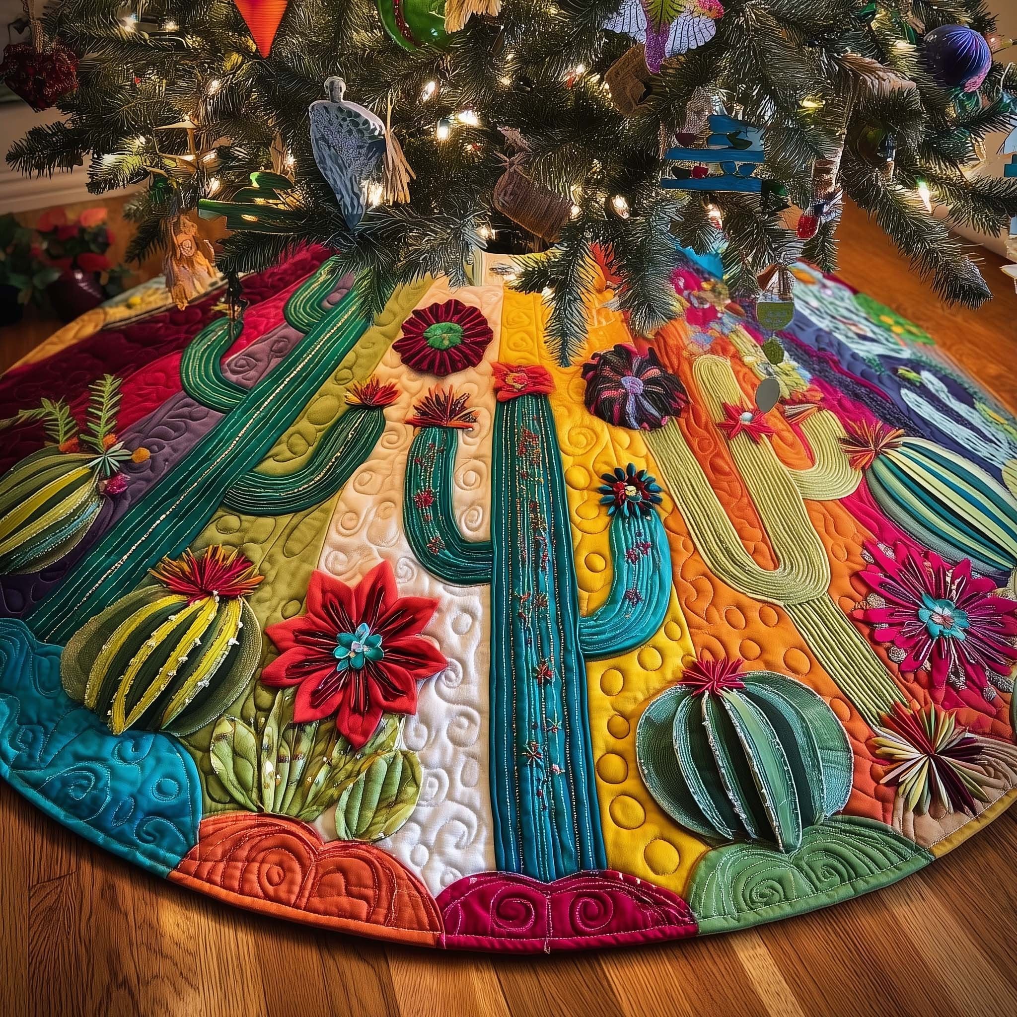 Bright Cacti with Red Blossoms Christmas Tree Skirt