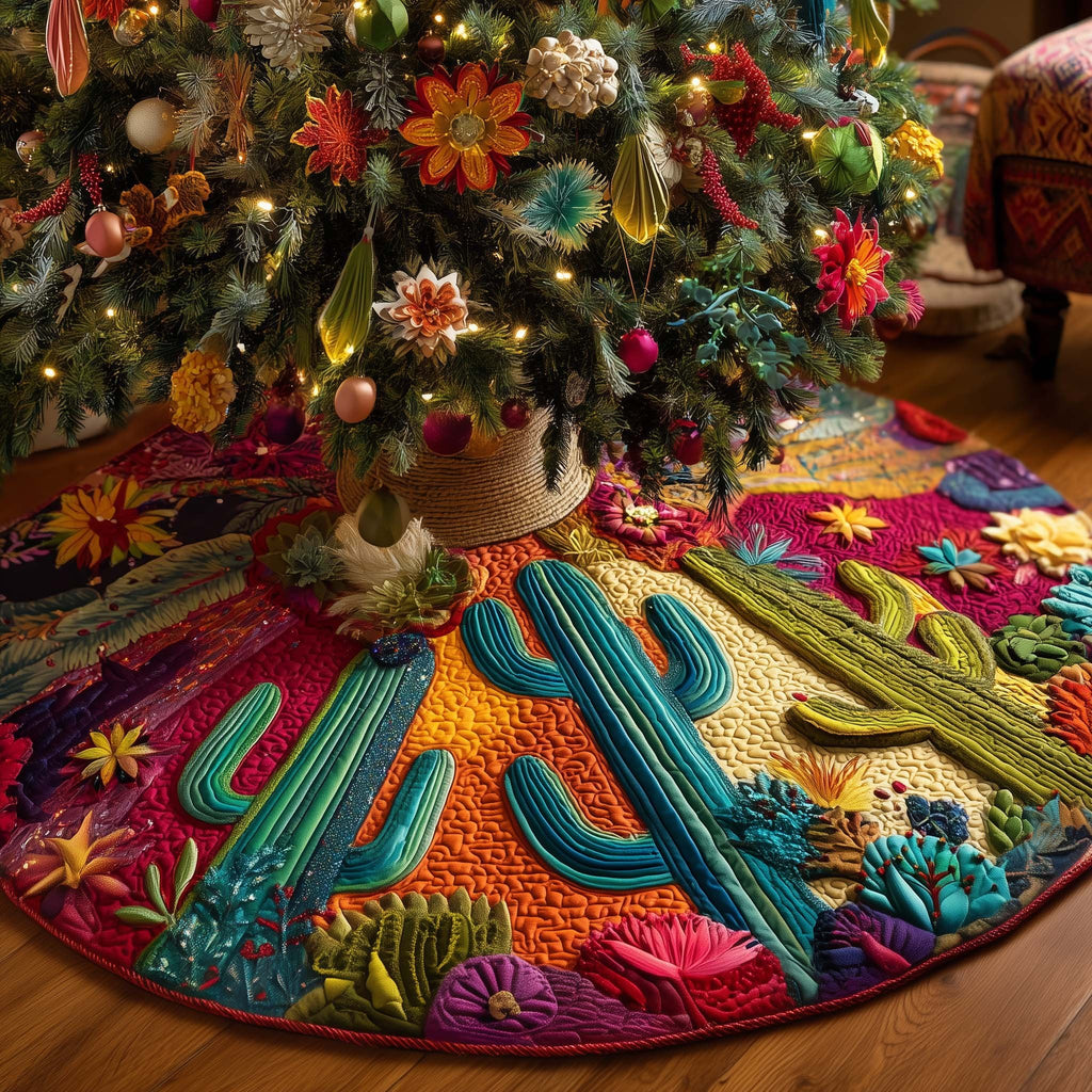Cacti and Succulents on Orange Christmas Tree Skirt