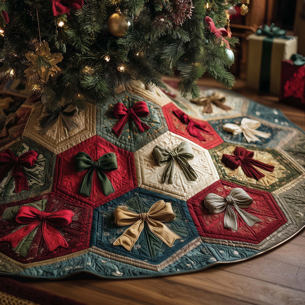 Bows on Green and Red Hexagons Christmas Tree Skirt
