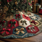 Bows on Green and Red Hexagons Christmas Tree Skirt