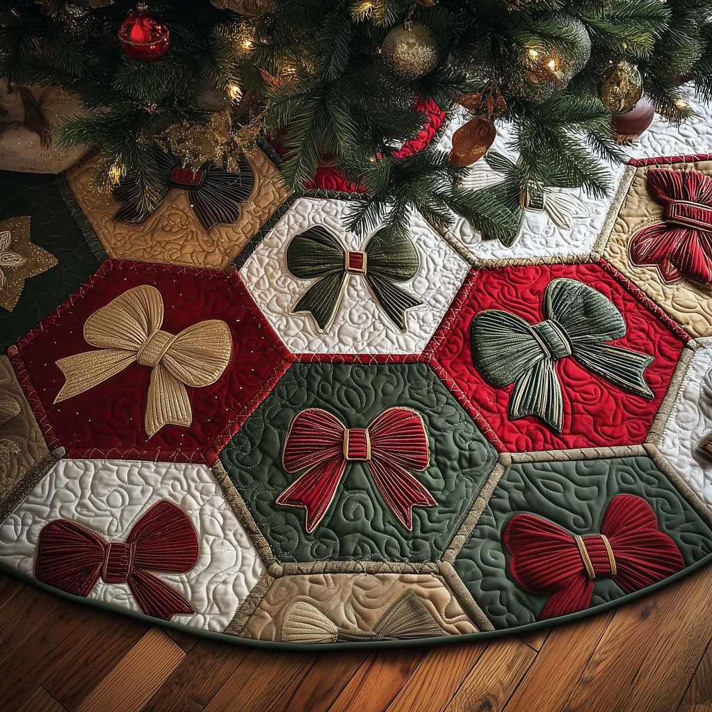 Ribbon Bows on Hexagon Blocks Christmas Tree Skirt