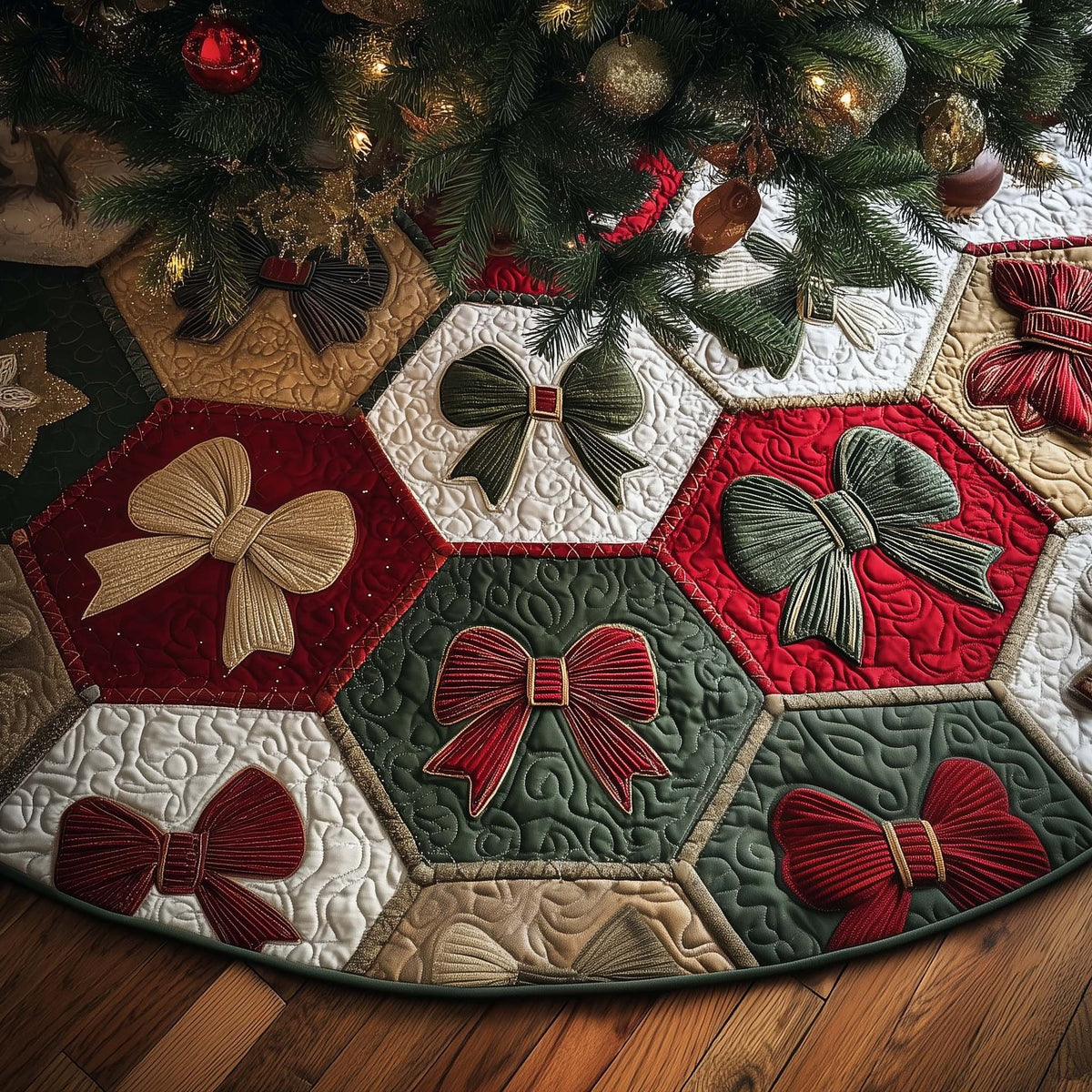 Ribbon Bows on Hexagon Blocks Christmas Tree Skirt