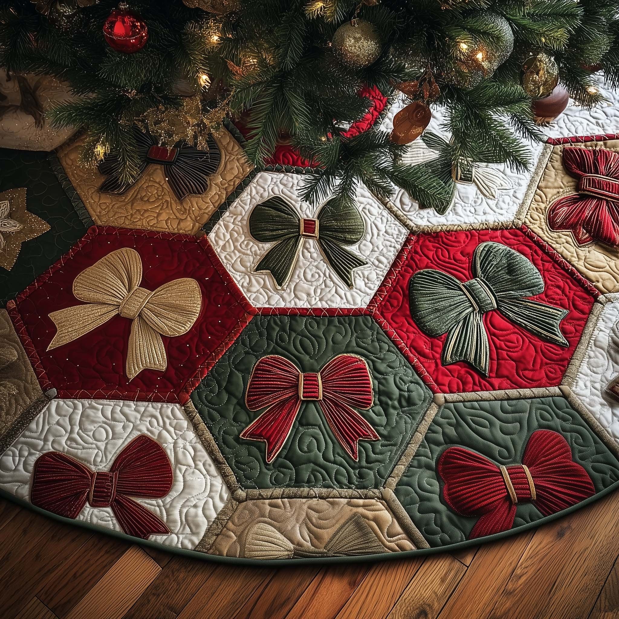 Ribbon Bows on Hexagon Blocks Christmas Tree Skirt