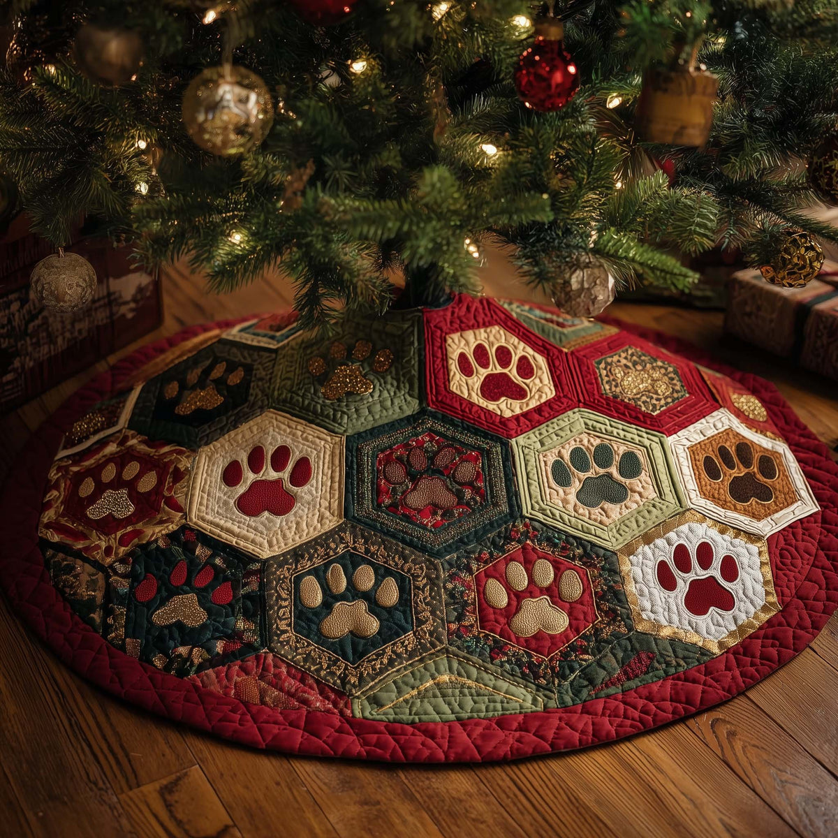 Paw Prints on Red Hexagons Christmas Tree Skirt
