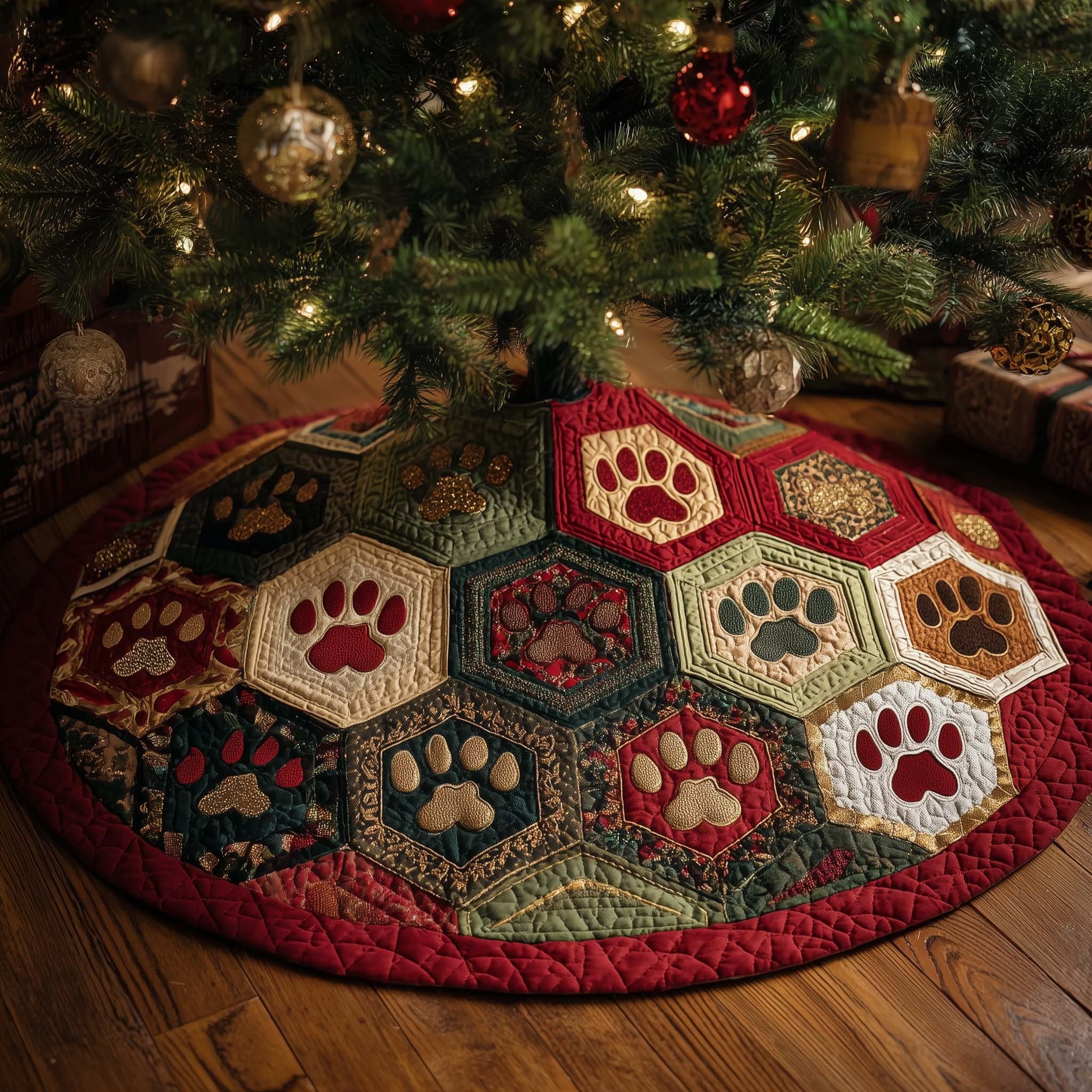 Paw Prints on Red Hexagons Christmas Tree Skirt