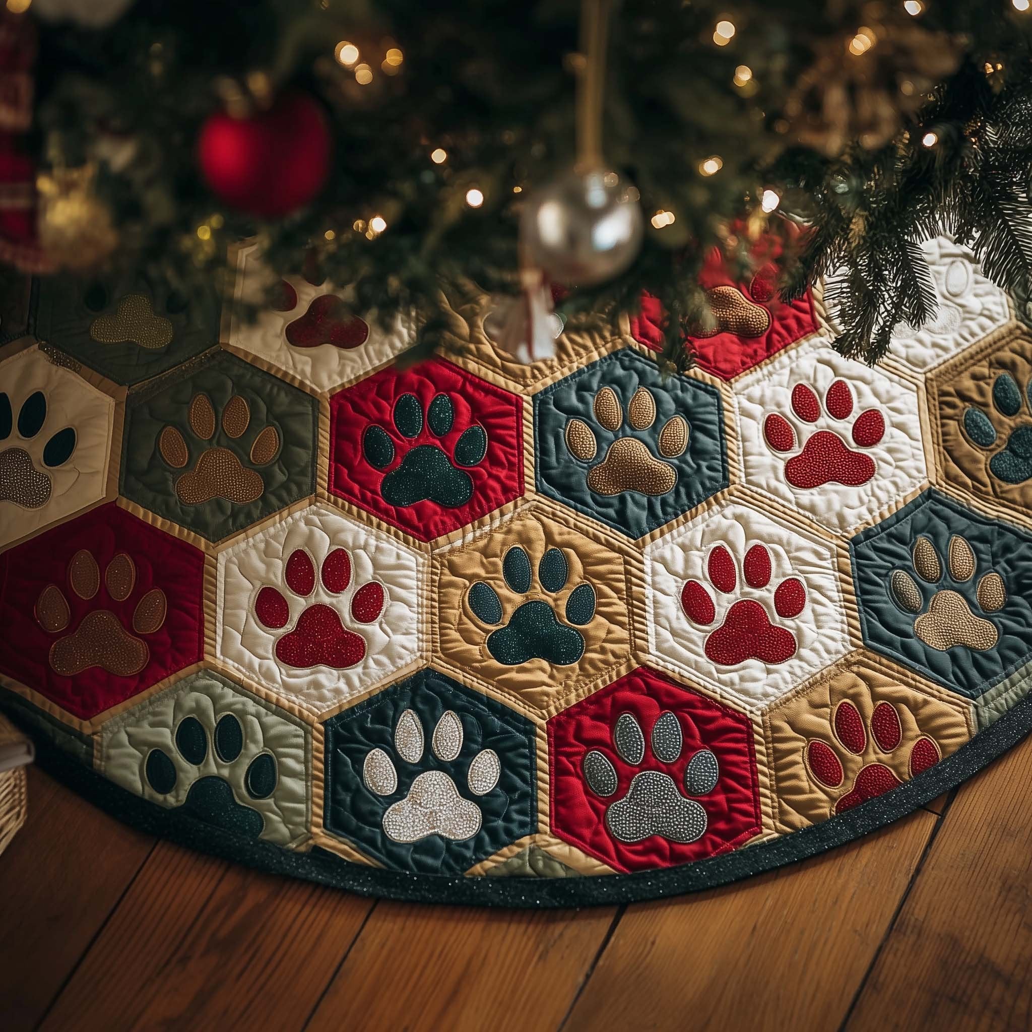 Paw Prints on Teal Hexagons Christmas Tree Skirt