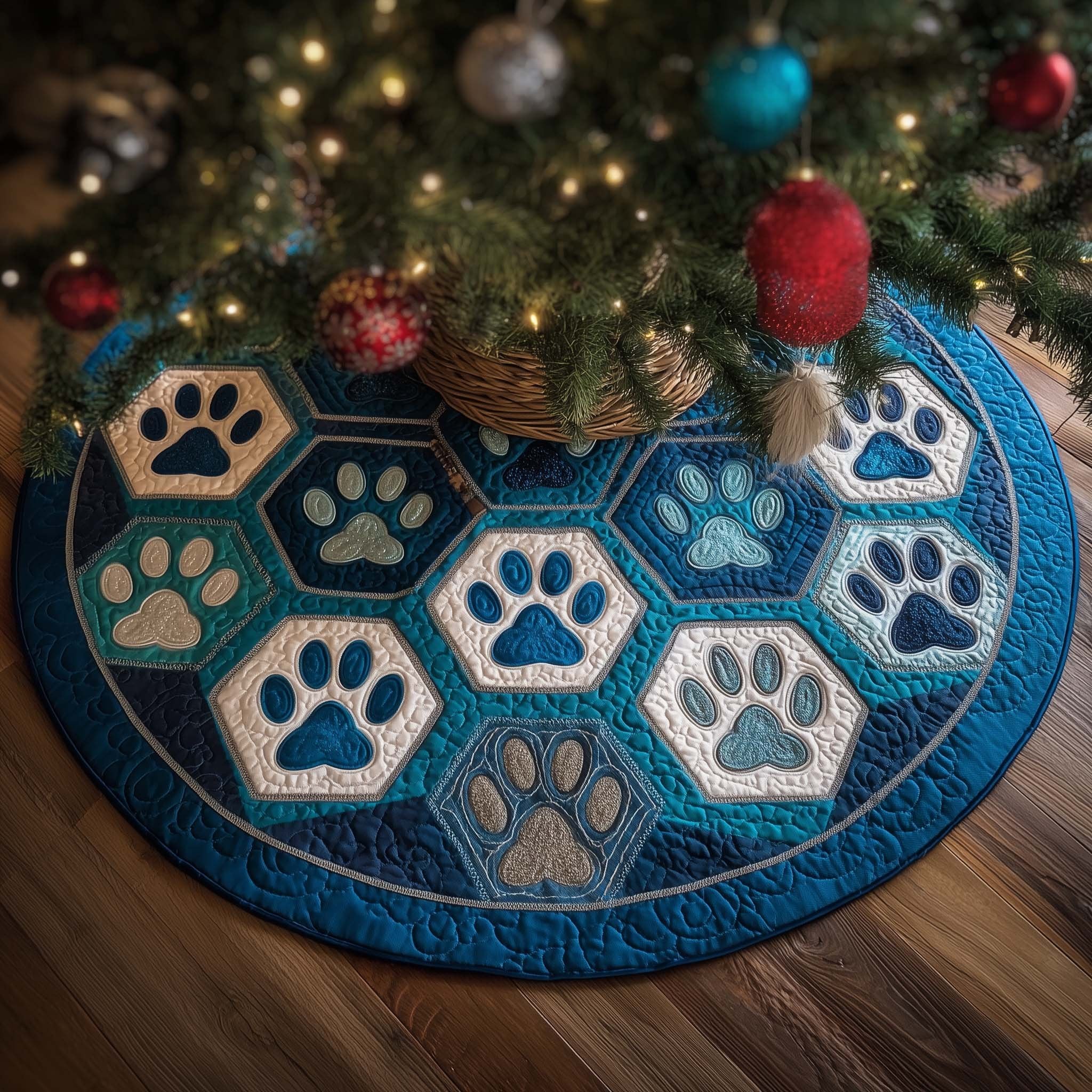 Paw Prints on Blue Hexagons Christmas Tree Skirt