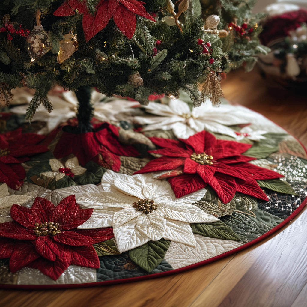 Red and White Poinsettia Blooms Christmas Tree Skirt