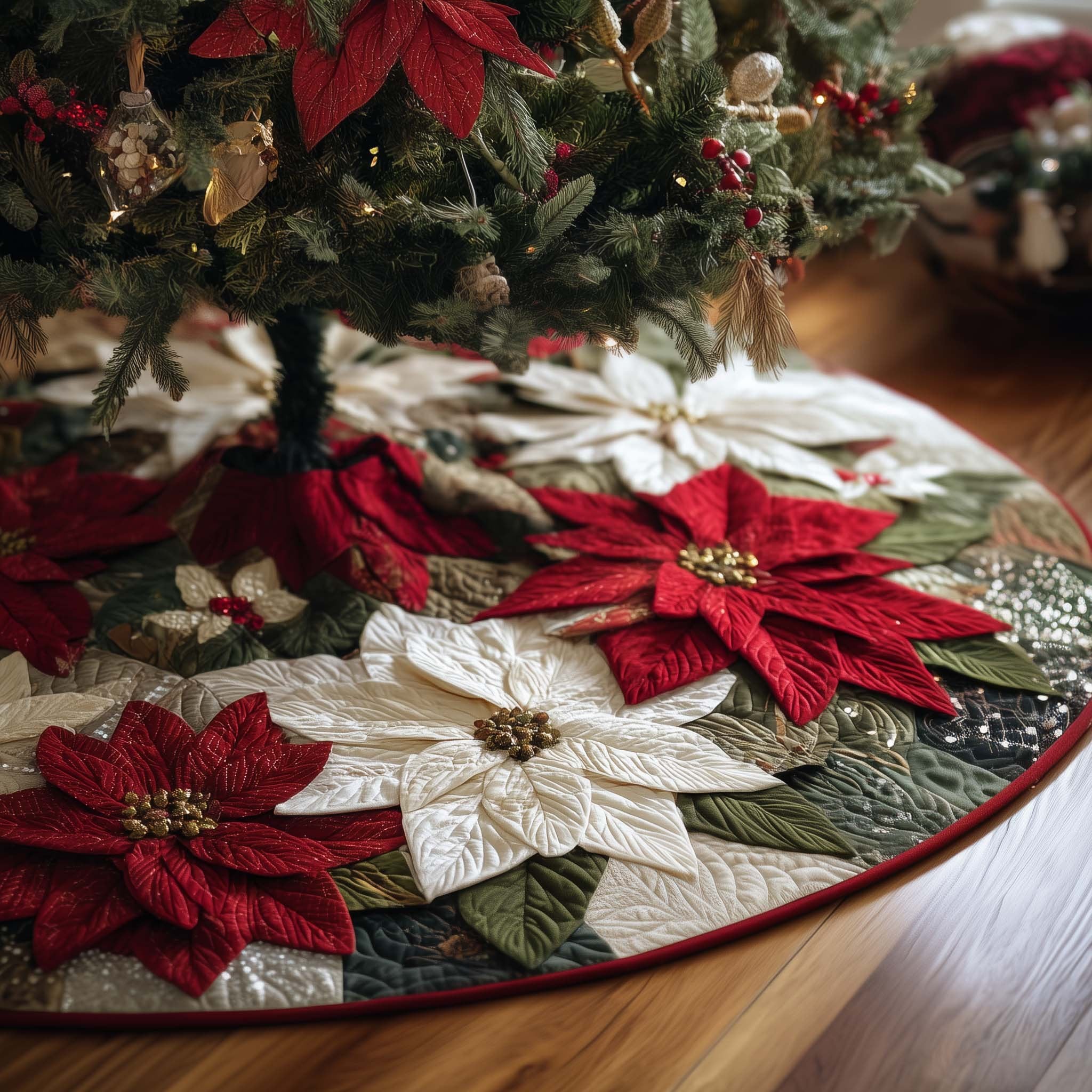 Red and White Poinsettia Blooms Christmas Tree Skirt