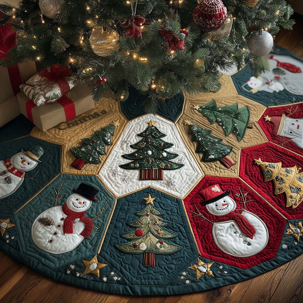 Snowmen and Trees on Hexagons Christmas Tree Skirt