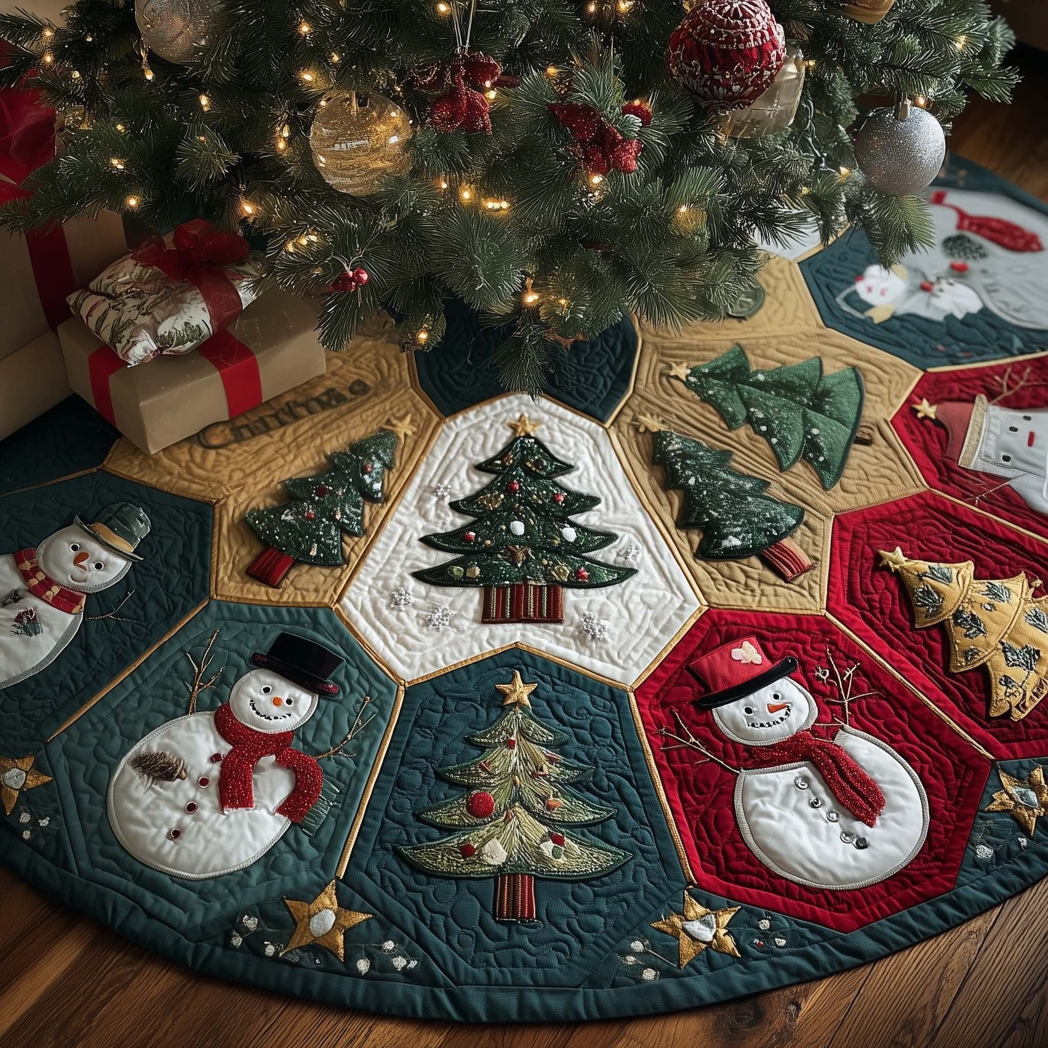 Snowmen and Trees on Hexagons Christmas Tree Skirt