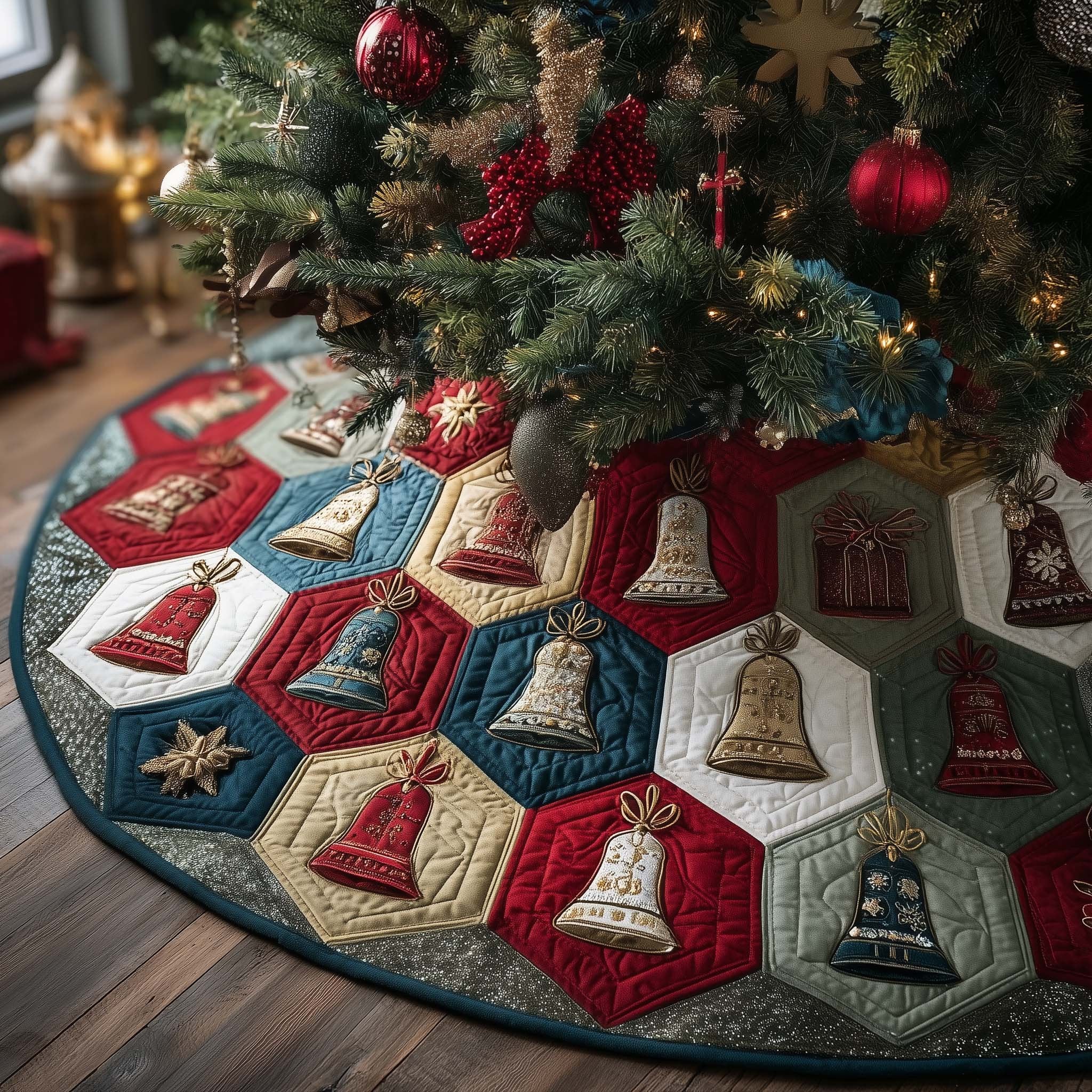 Bells on Blue and Red Hexagons Christmas Tree Skirt