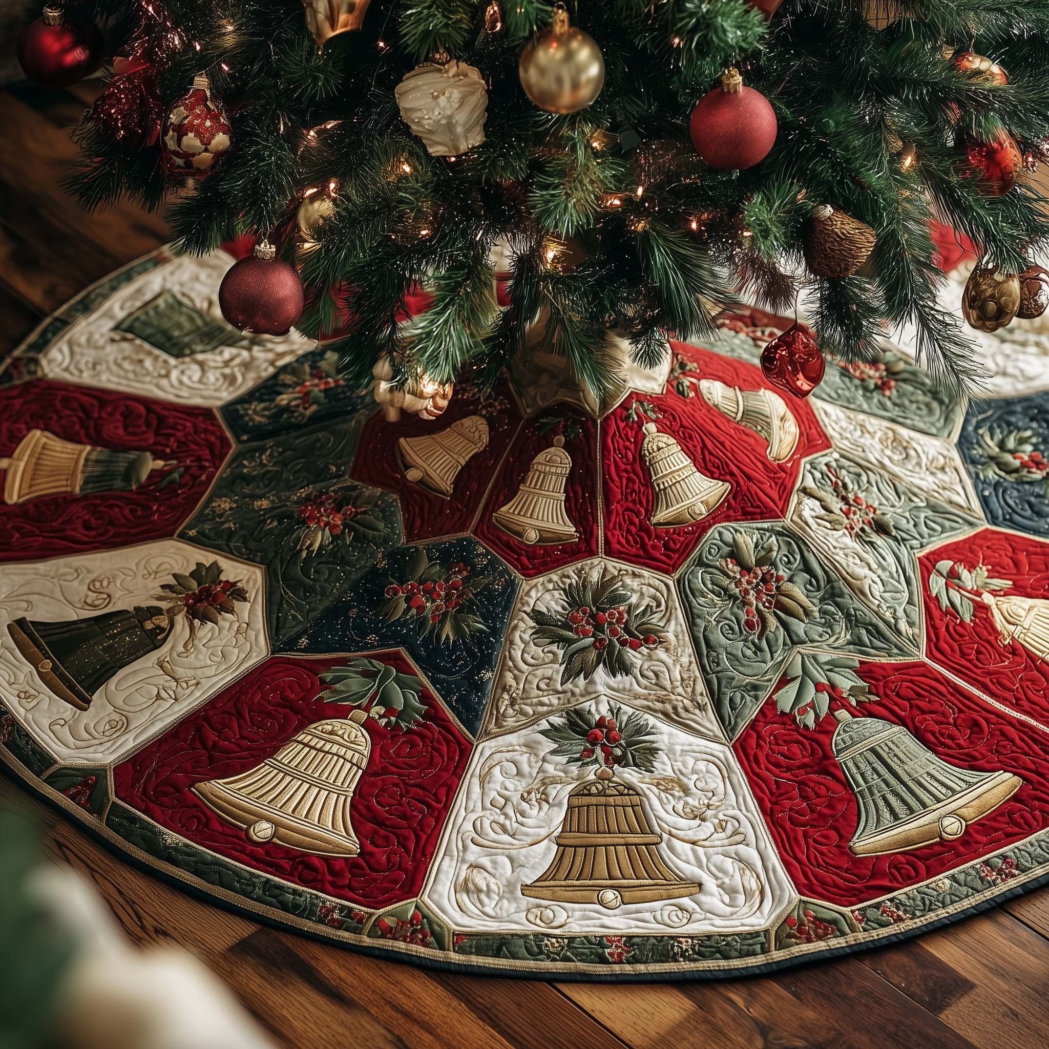 Bells on Red and Green Hexagons Christmas Tree Skirt