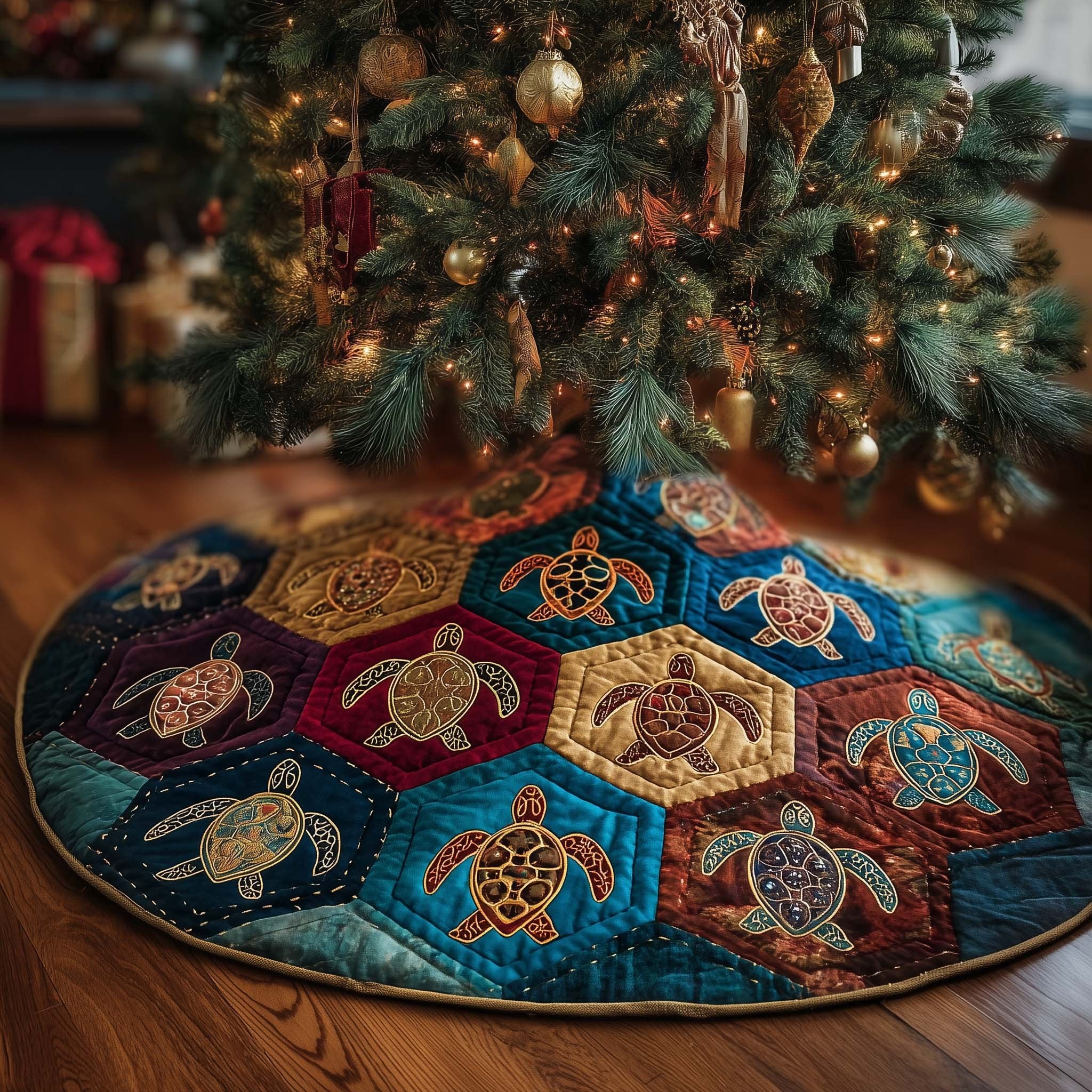 Turtles in the Hexagon Patchwork Christmas Tree Skirt