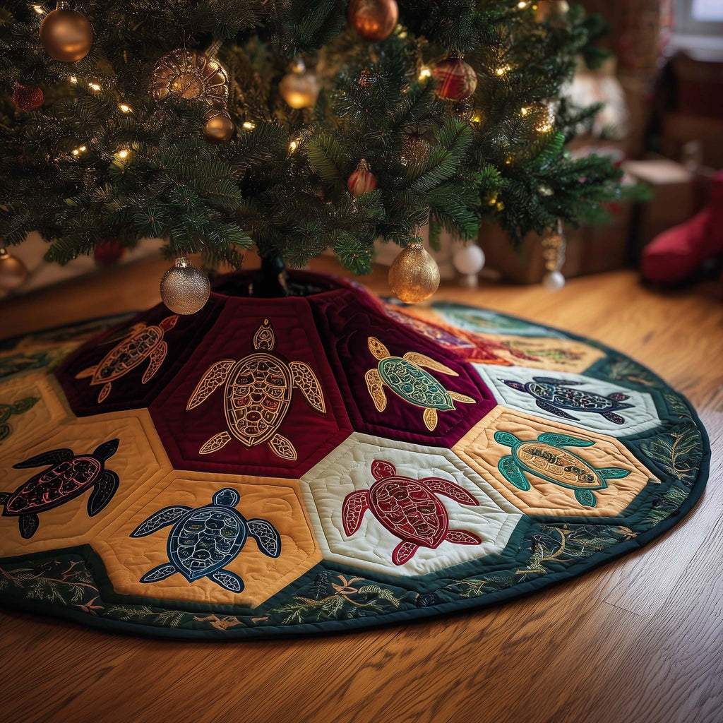 Turtles in Red and Gold Hexagons Christmas Tree Skirt