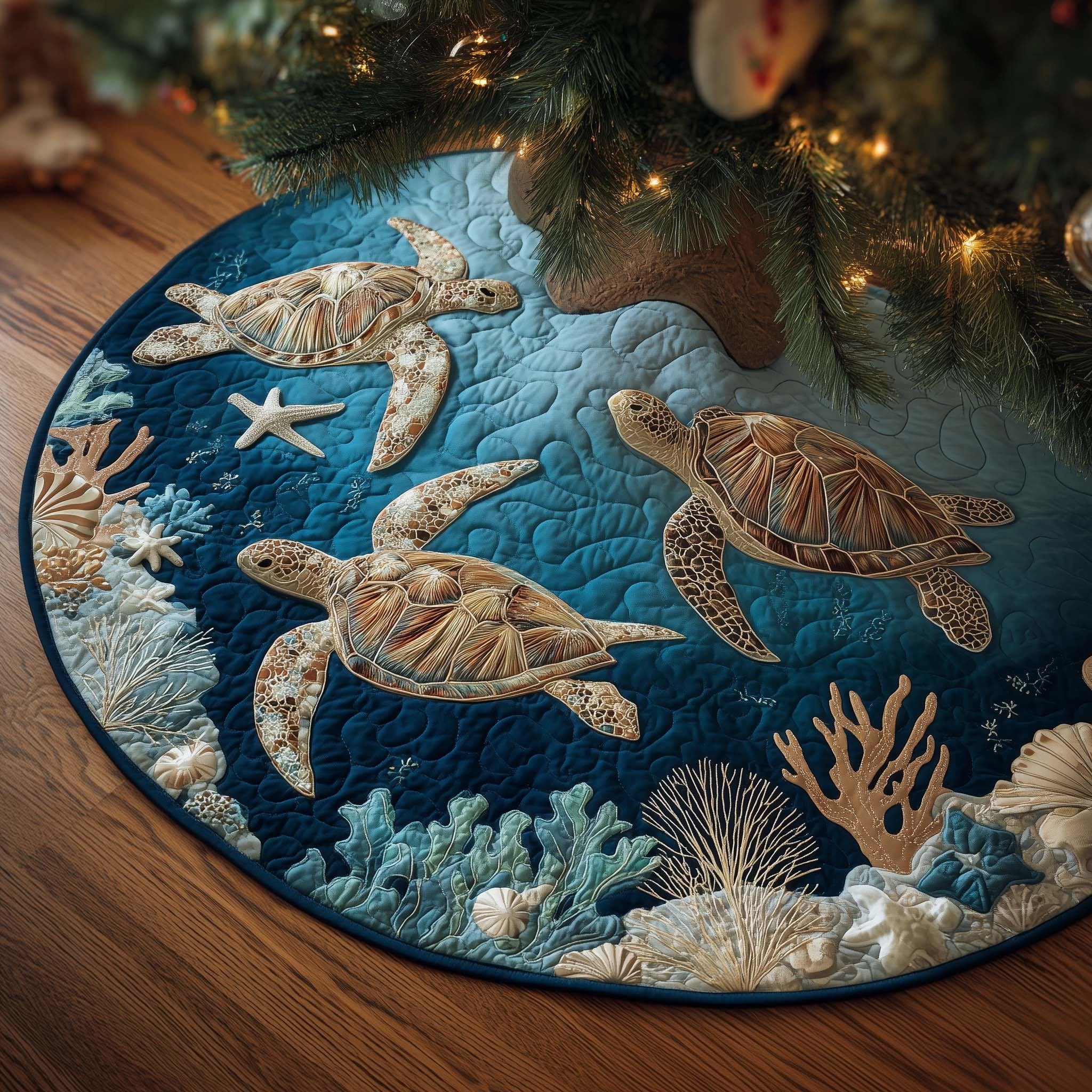 Sea Turtles Over the Coral Reef Christmas Tree Skirt