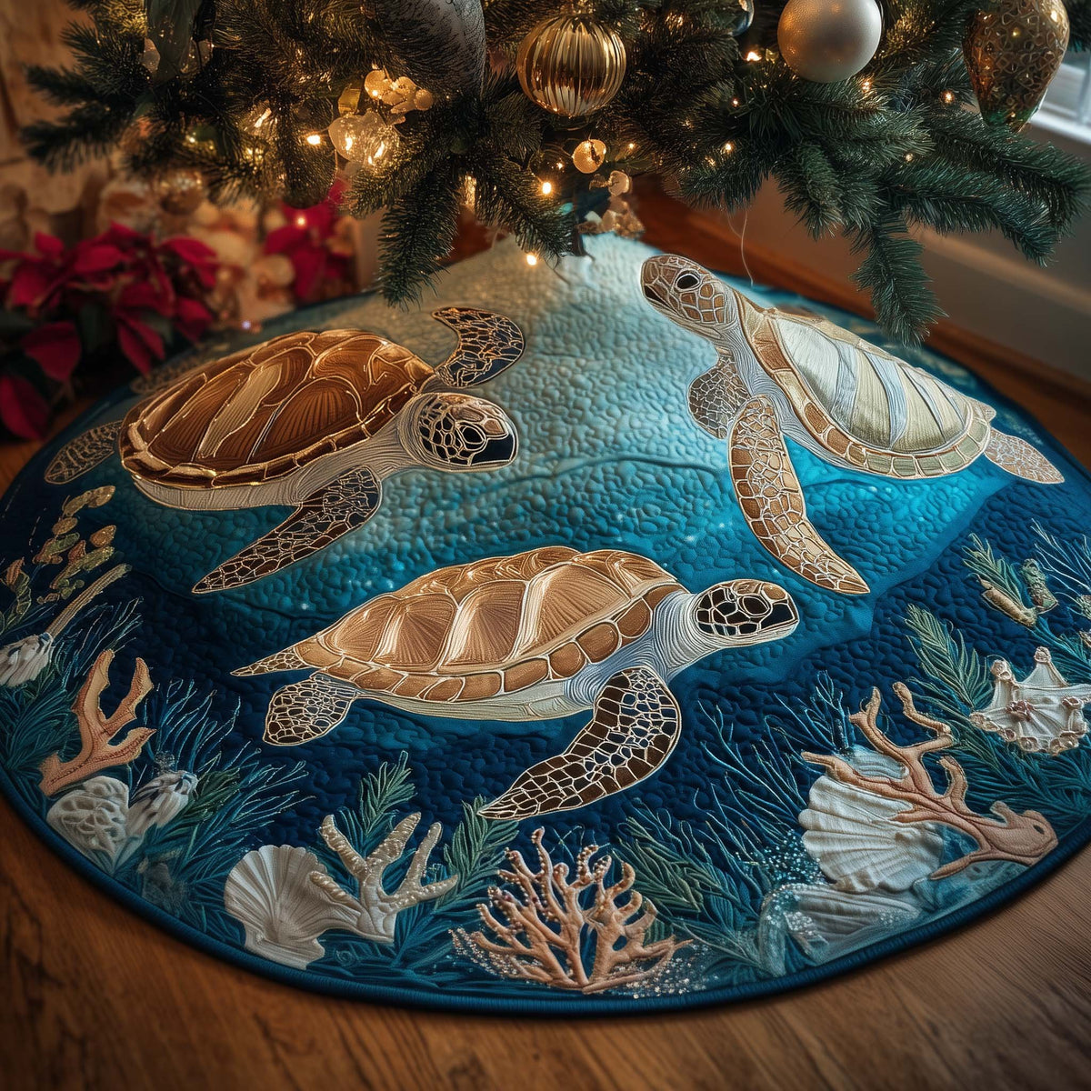 Turtles Gliding Through Teal Water Christmas Tree Skirt