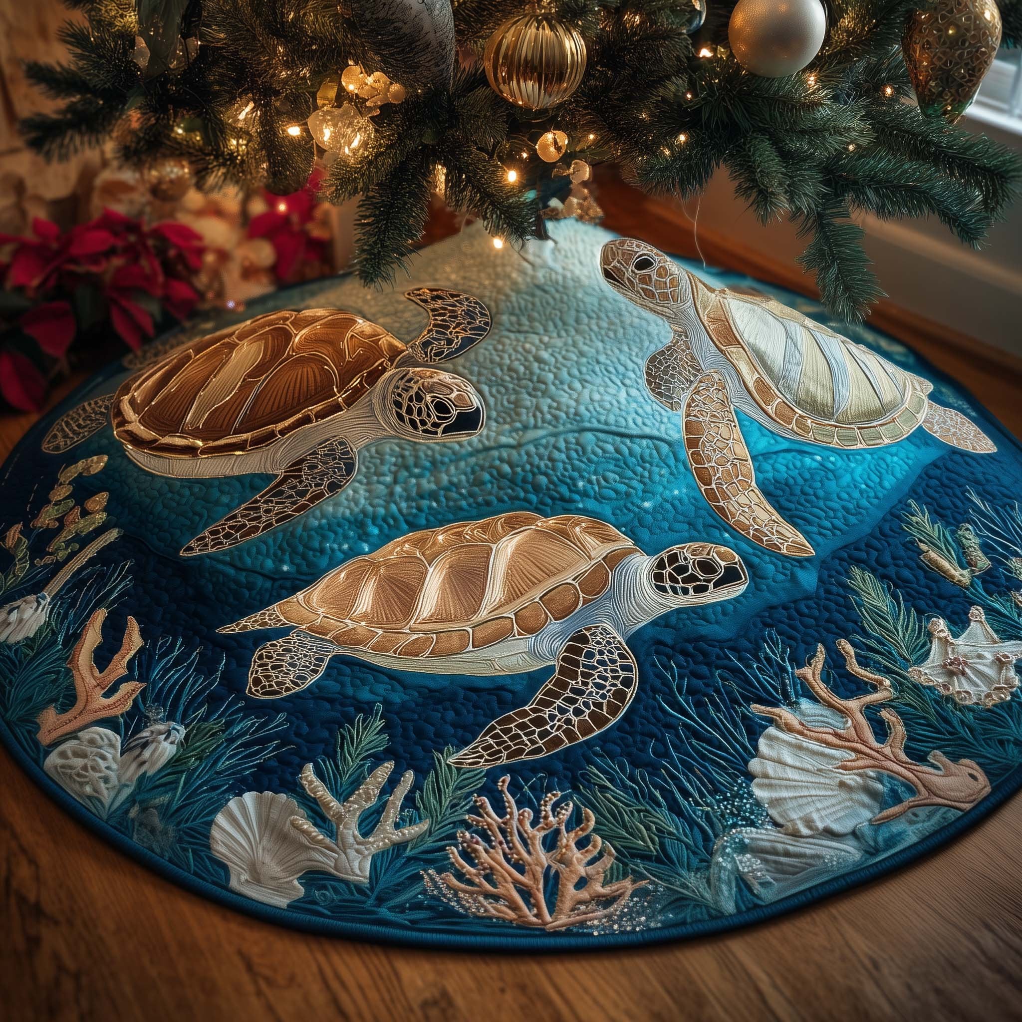 Turtles Gliding Through Teal Water Christmas Tree Skirt