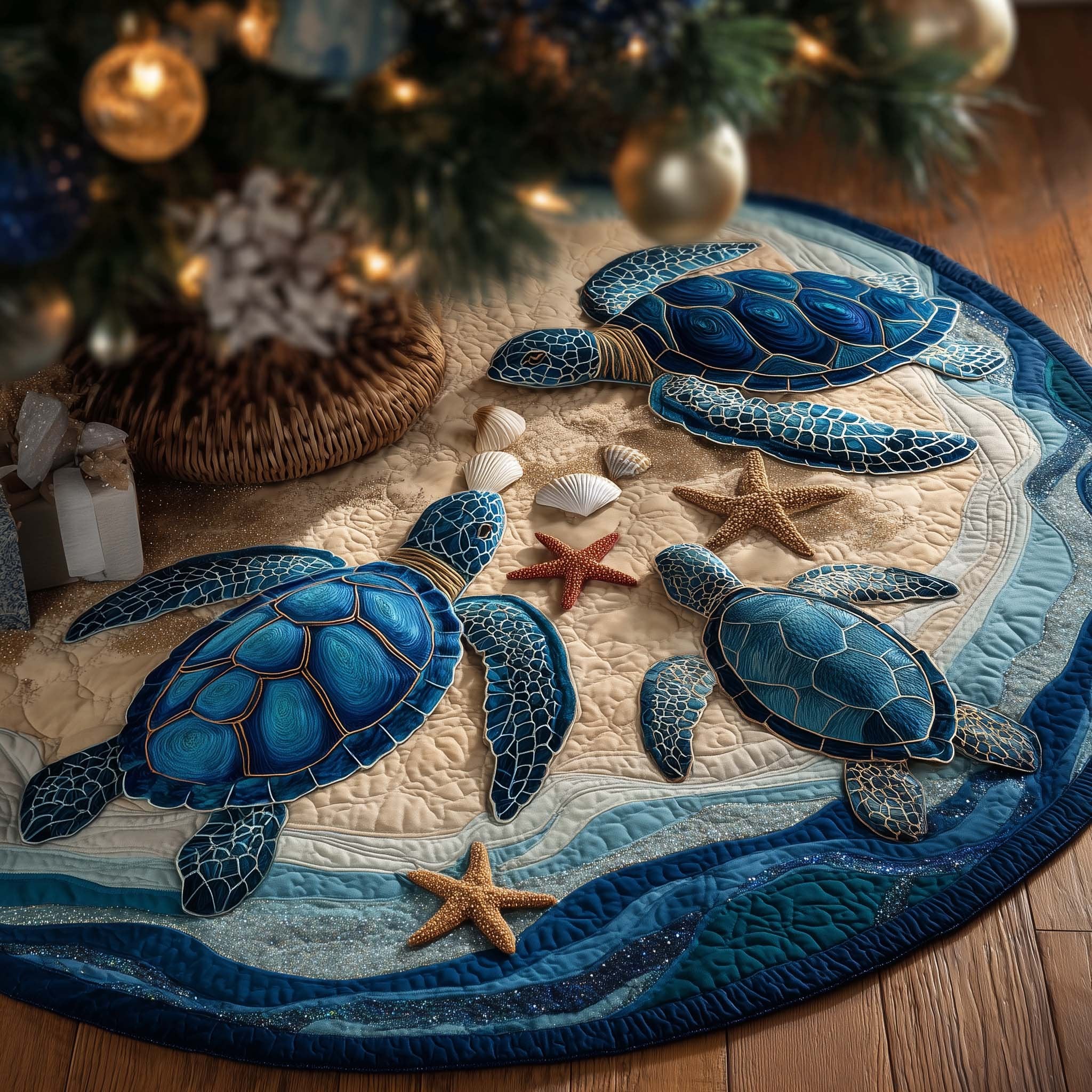 Turtles with Starfish on the Sand Christmas Tree Skirt