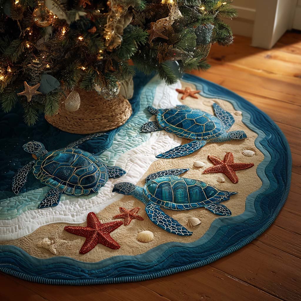 Turtles with Shells and Red Starfish Christmas Tree Skirt