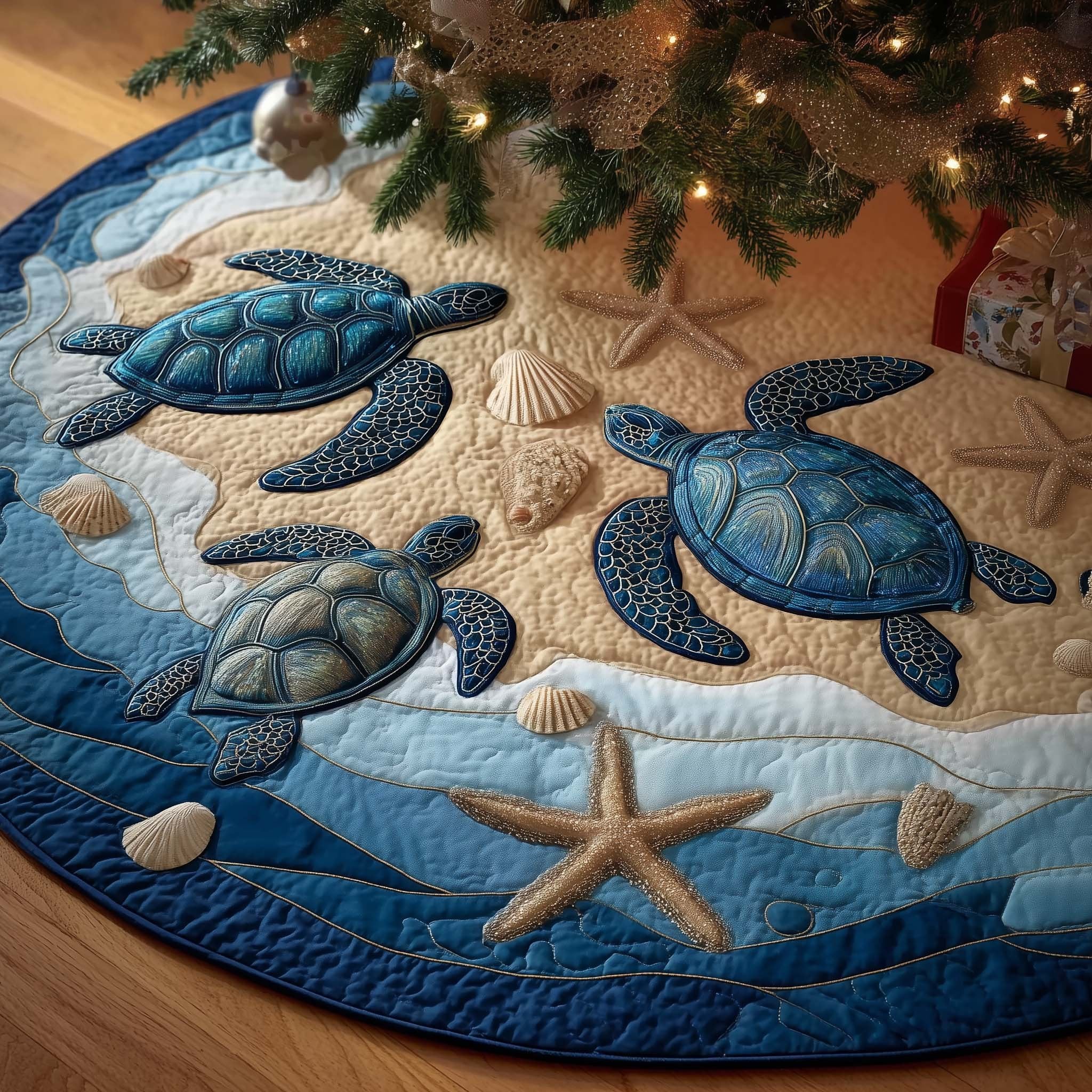 Blue Turtles with a Sandy Starfish Christmas Tree Skirt