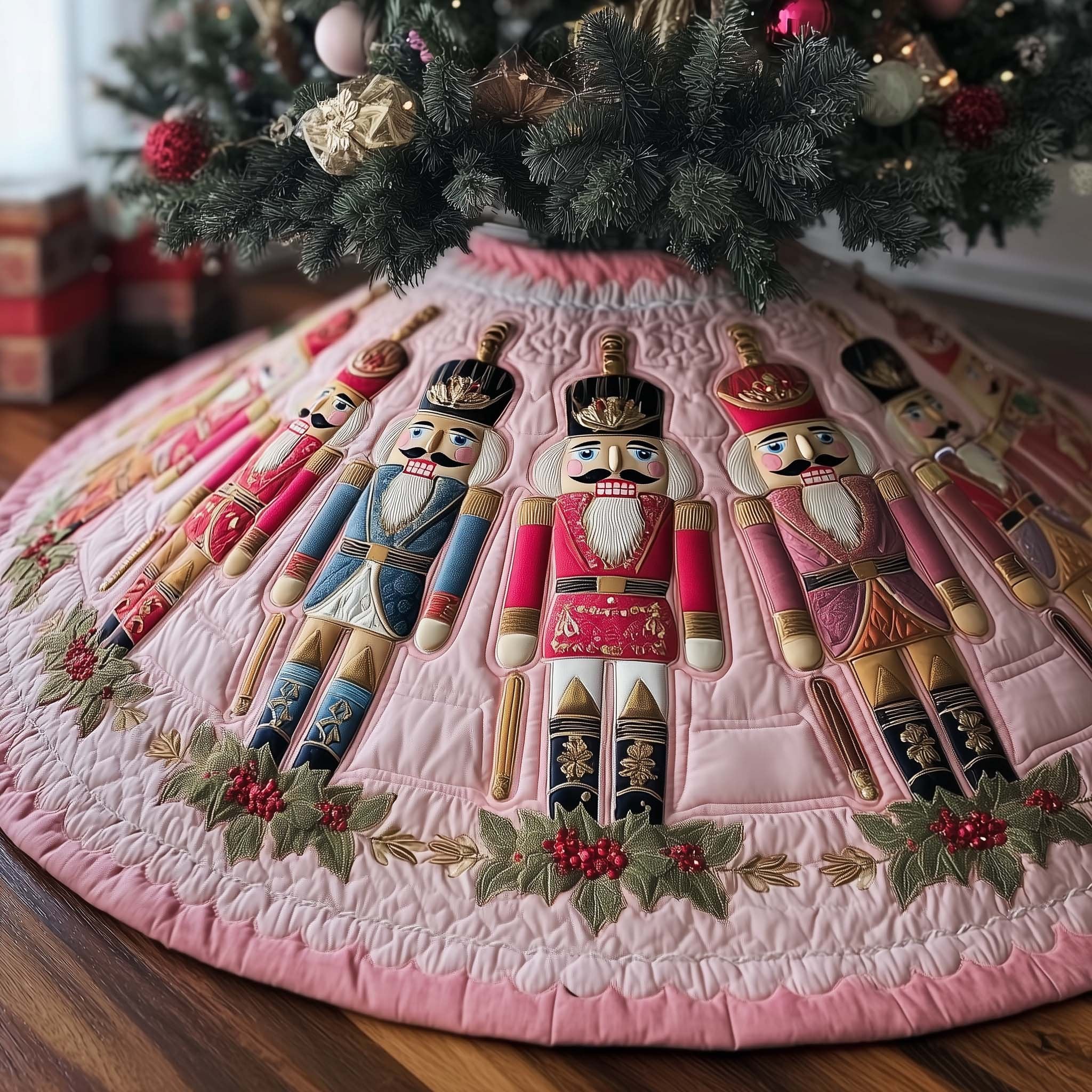 Nutcrackers on the Pink Quilt Christmas Tree Skirt