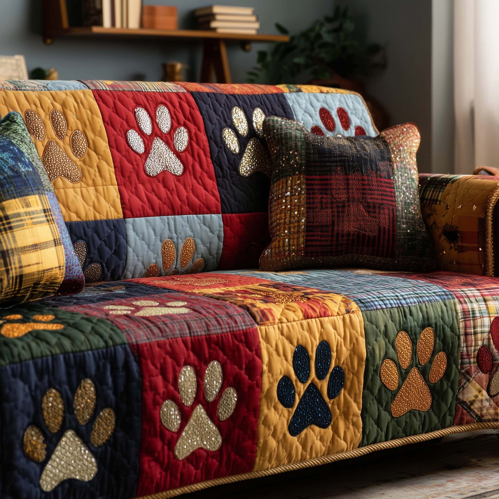 Paw Prints on Red and Gold Patches Sofa Cover