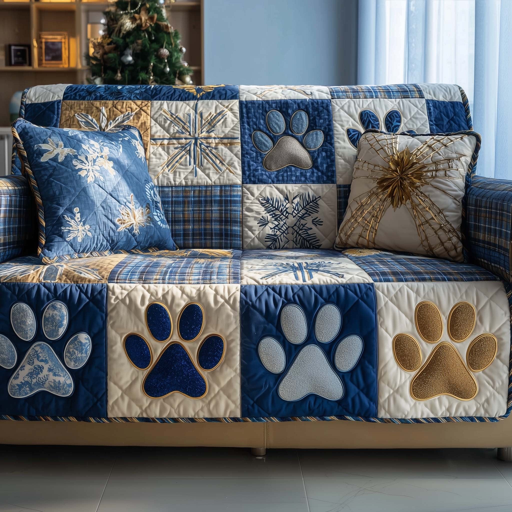 Paw Prints on Blue and White Squares Sofa Cover