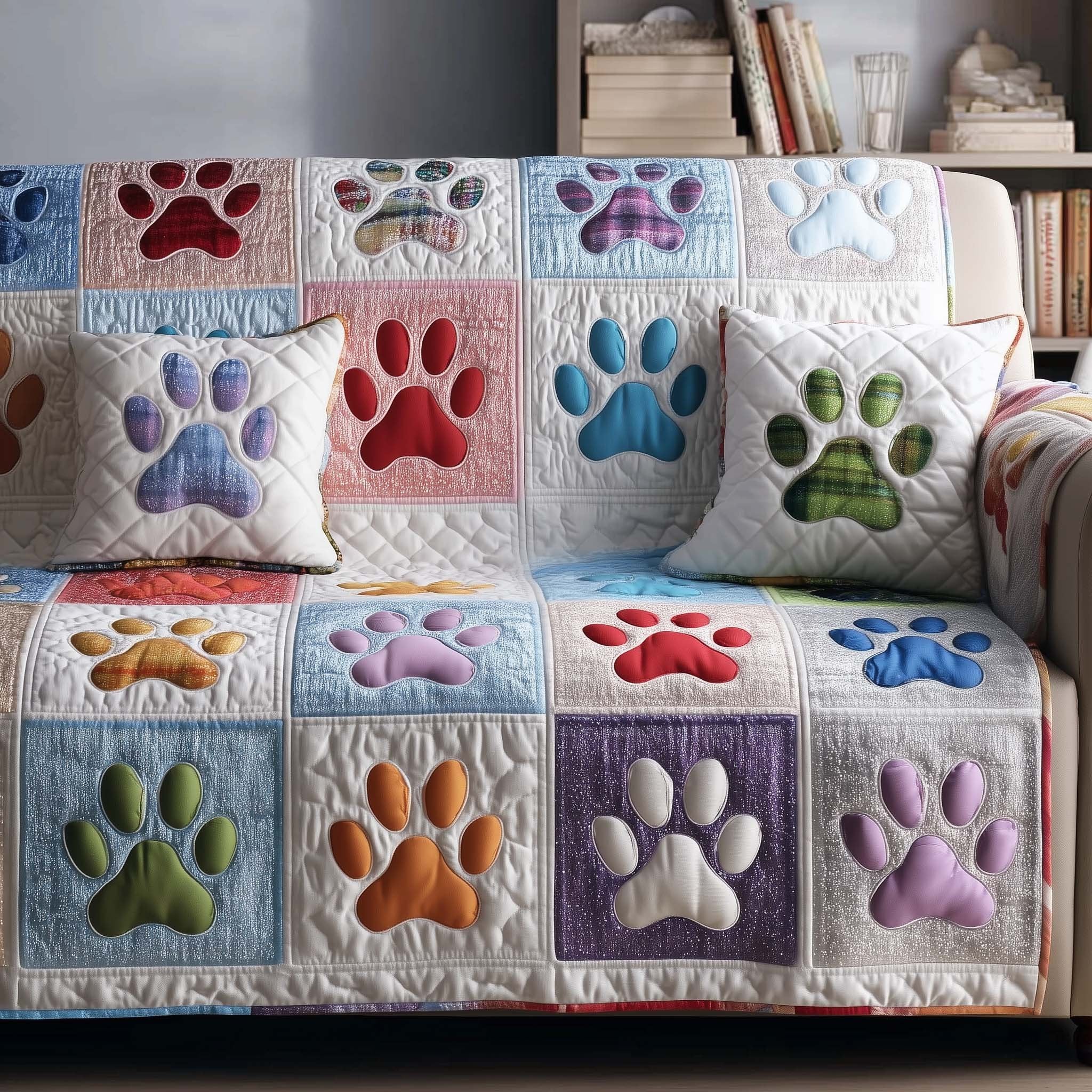 Pastel Paw Prints on White Squares Sofa Cover