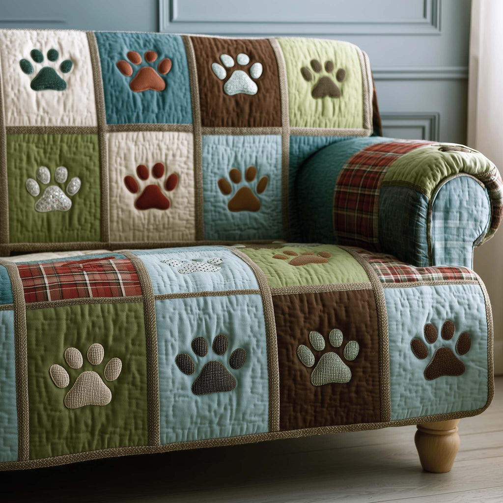 Paw Prints on Green and Brown Patches Sofa Cover