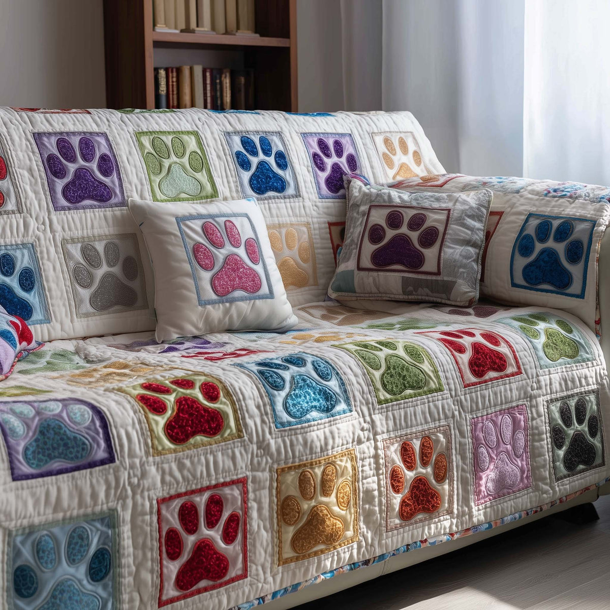 Colorful Paw Prints on Cream Squares Sofa Cover