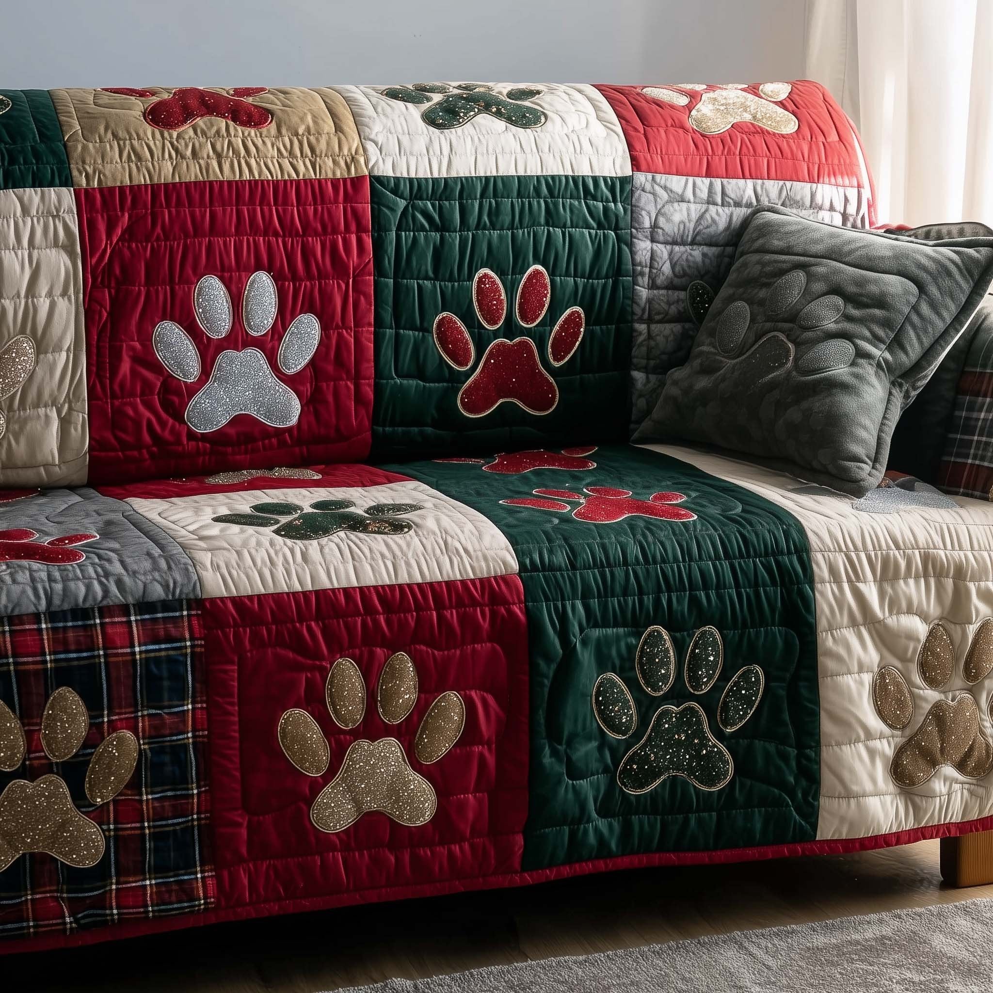 Paw Prints on Forest Green and Red Sofa Cover