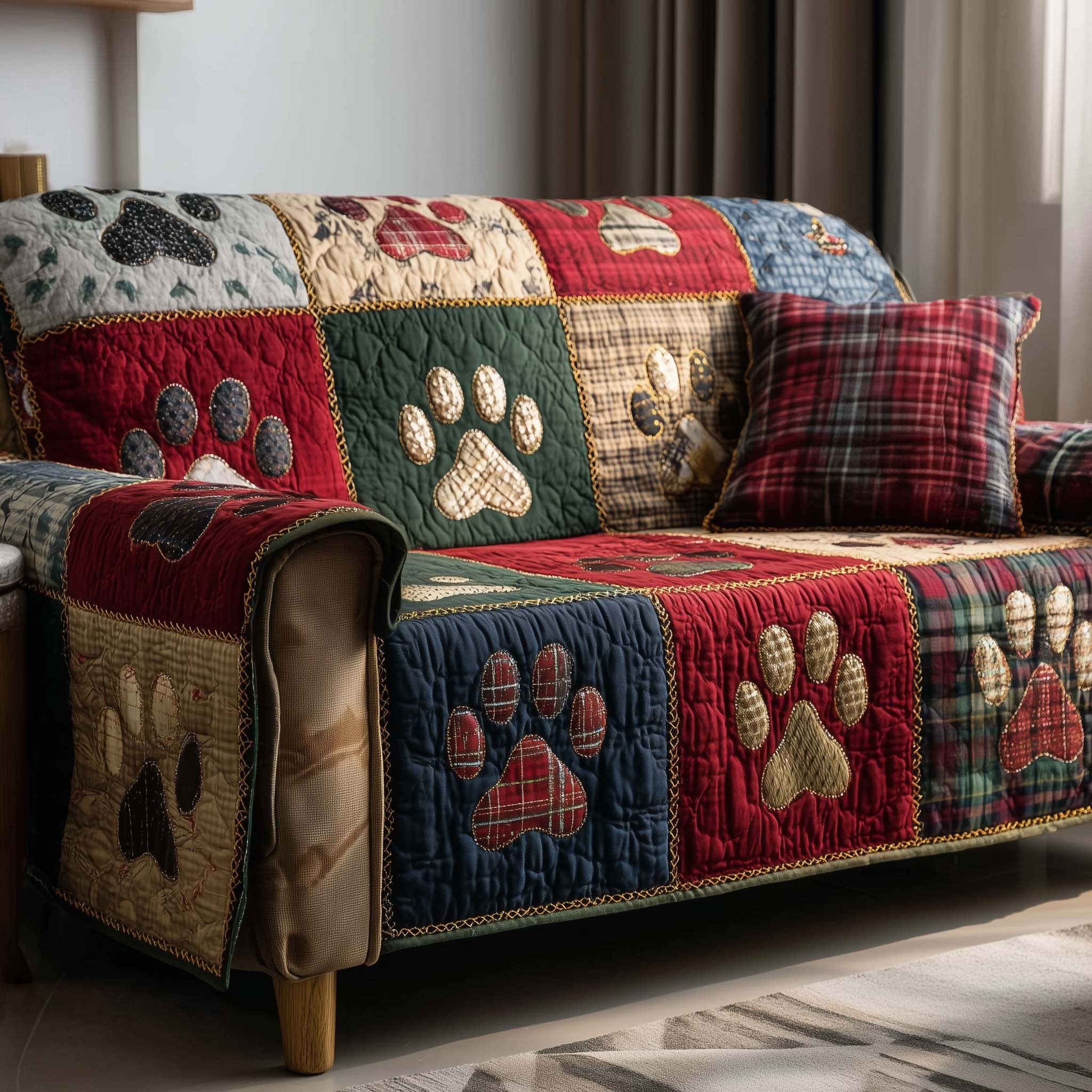 Paw Prints with Plaid Patchwork Sofa Cover
