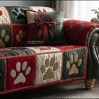 Large Paw Prints on Red and Cream Sofa Cover