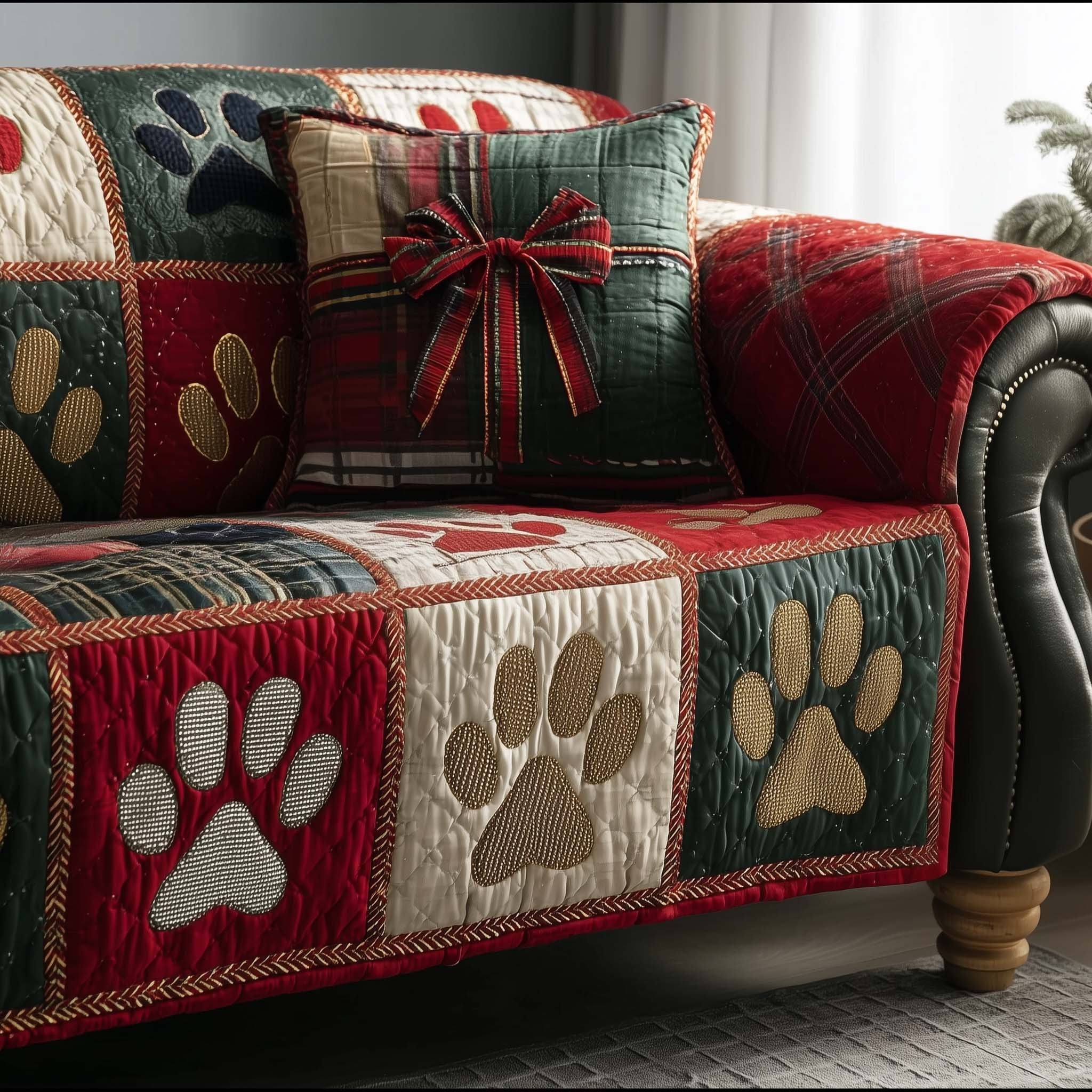 Large Paw Prints on Red and Cream Sofa Cover